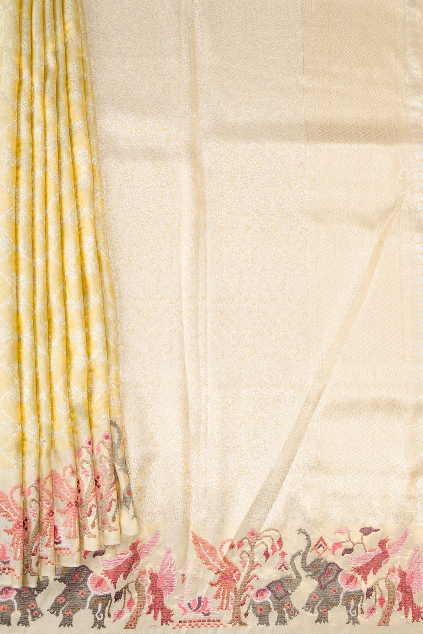 Pleats and pallu of Green, Maroon & Burgundy Dual Tone Banarasi Silk Saree with Zari Brocade on the body and Embroidery Border. 