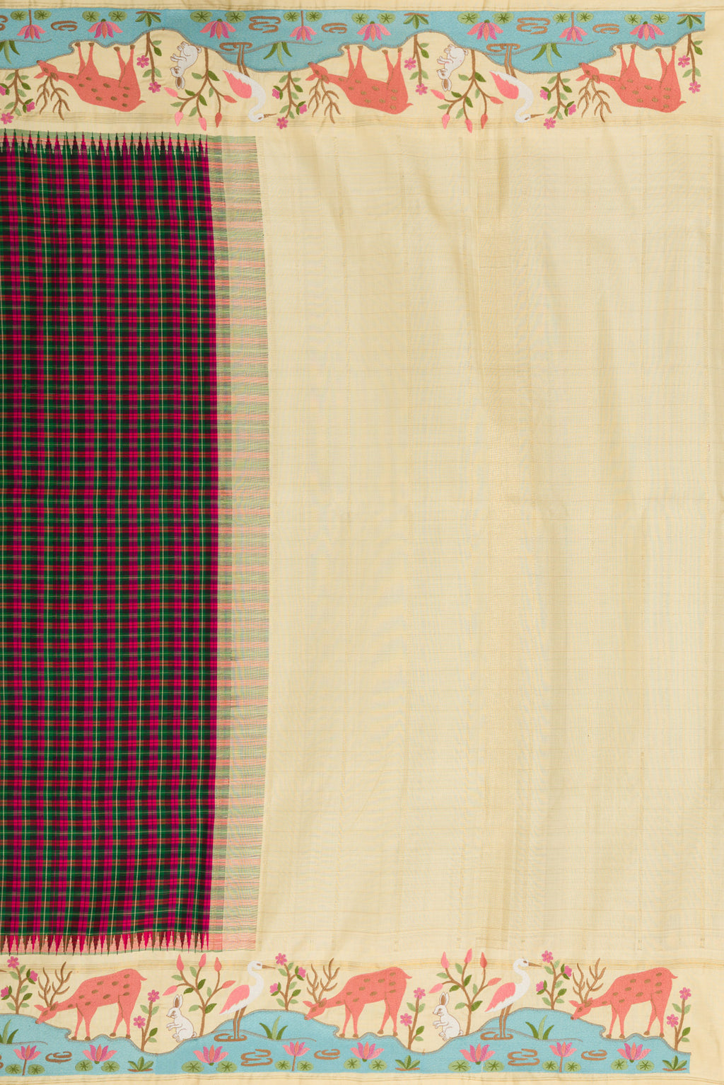 Close up image of the pallu of Pure Silk Pure Zari Green, Pink and Black Color Banarasi Saree with Checked design on the body and Embroidery Border. 