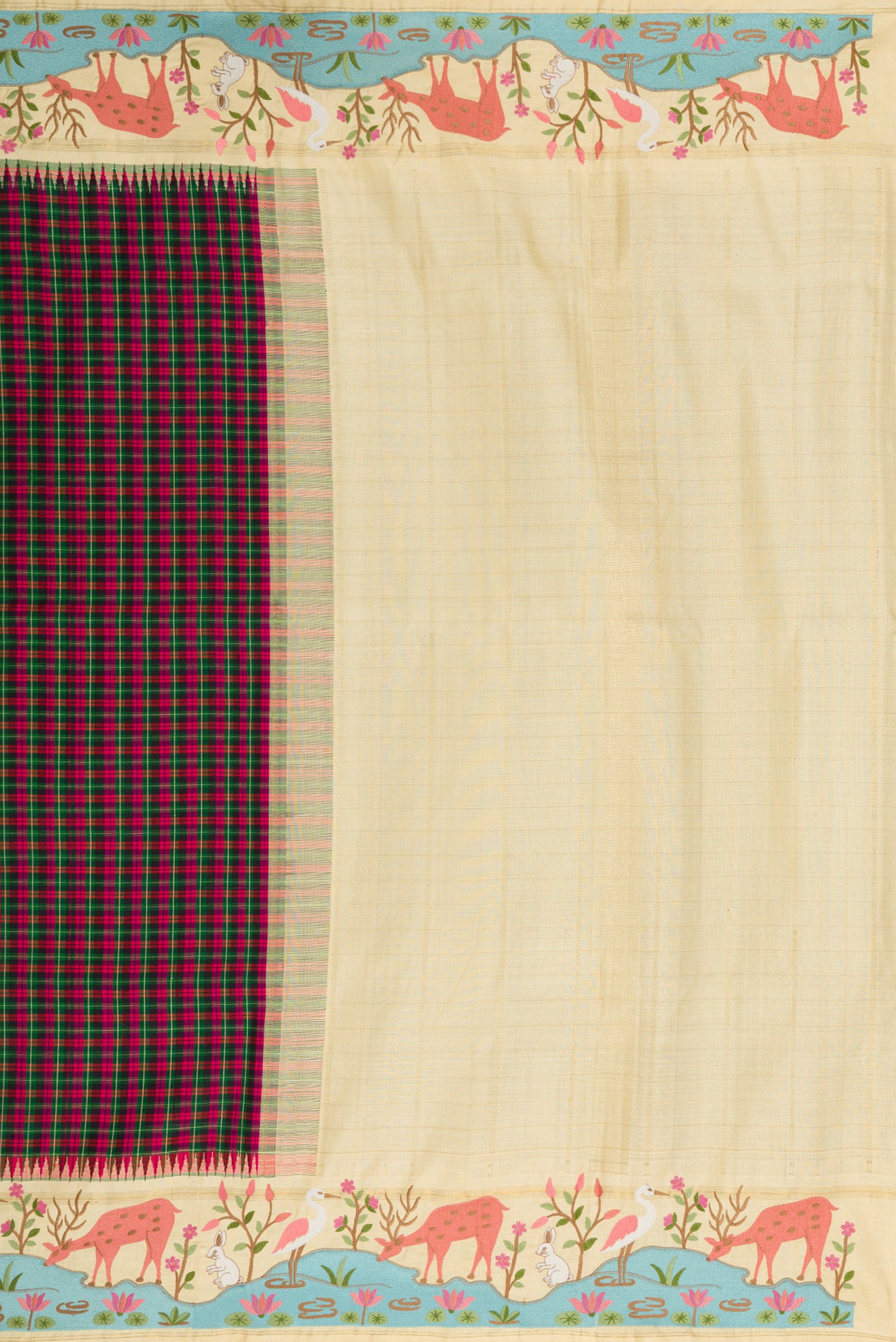 Close up image of the pallu of Pure Silk Pure Zari Green, Pink and Black Color Banarasi Saree with Checked design on the body and Embroidery Border. 