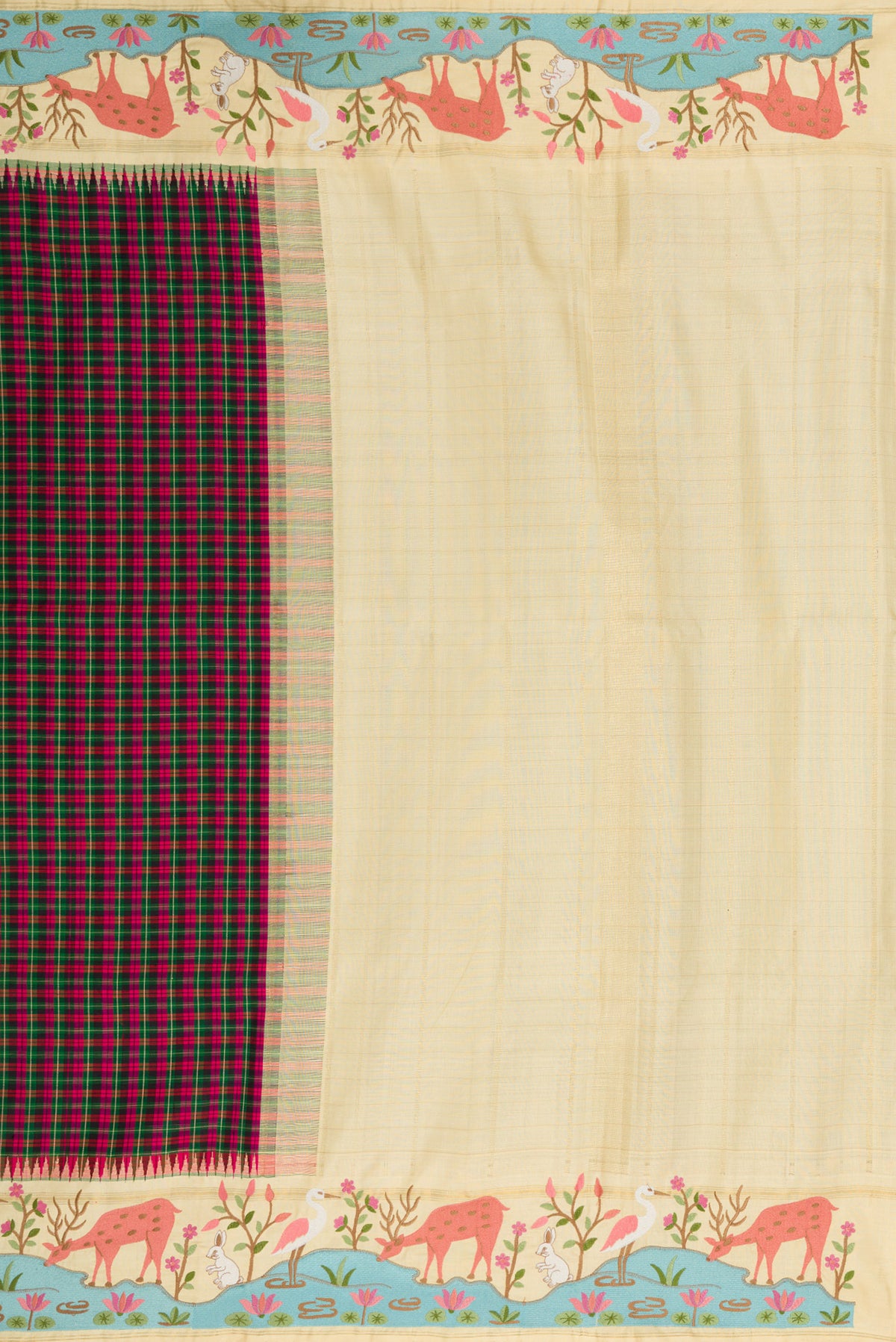 Close up image of the pallu of Pure Silk Pure Zari Green, Pink and Black Color Banarasi Saree with Checked design on the body and Embroidery Border. 