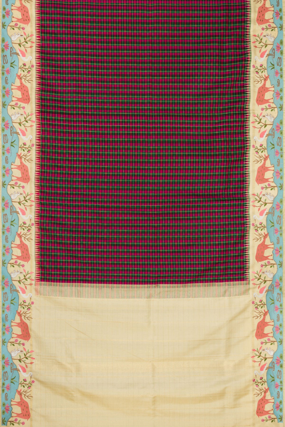 Flat view of Pure Silk Pure Zari Green, Pink and Black Color Banarasi Saree with Checked design on the body and Embroidery Border. 