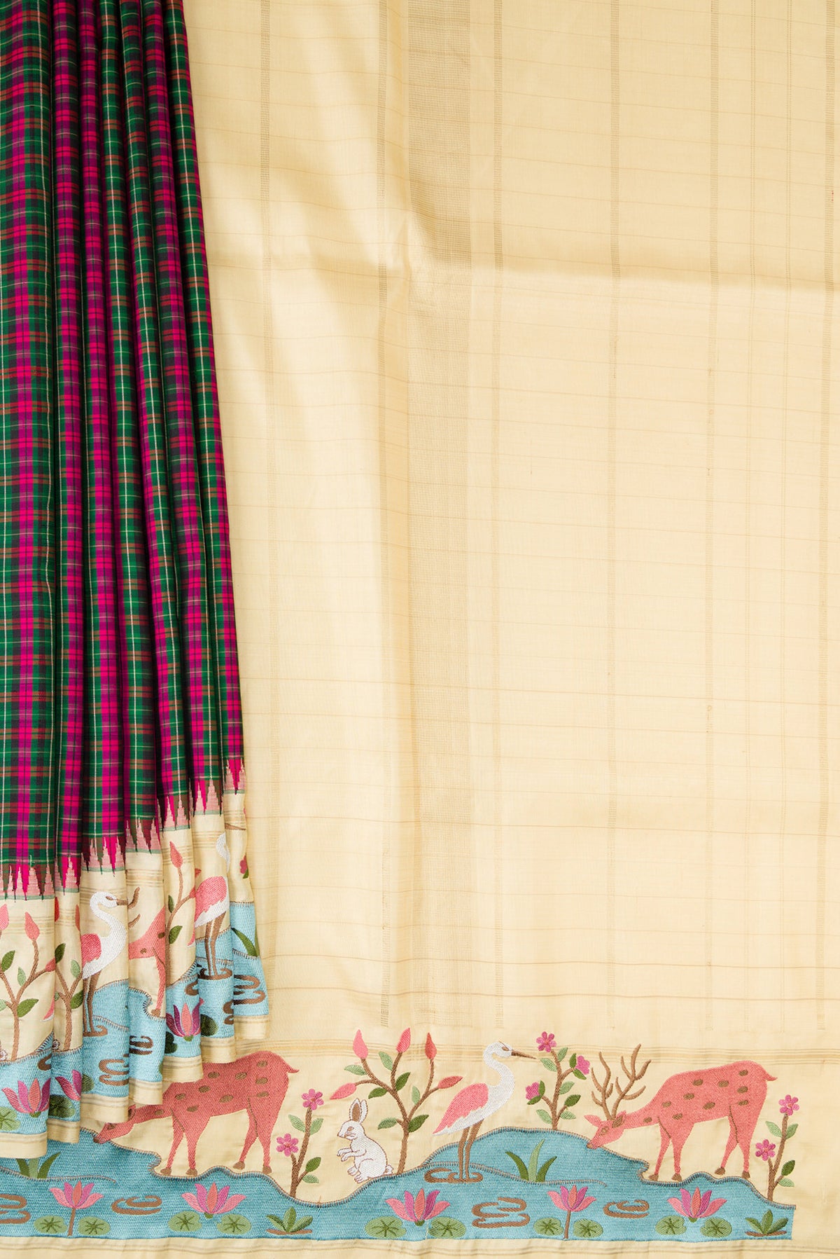 Pleats and pallu of Pure Silk Pure Zari Green, Pink and Black Color Banarasi Saree with Checked design on the body and Embroidery Border. 