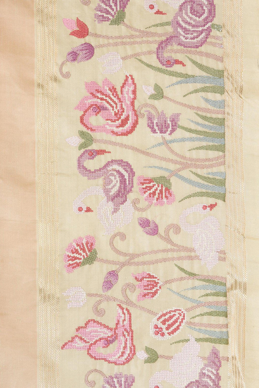 Border image of Pure Silk Pure Zari Green, Maroon & Burgundy Dual Tone Banarasi Saree with Stripes on the body and Embroidery Border. 