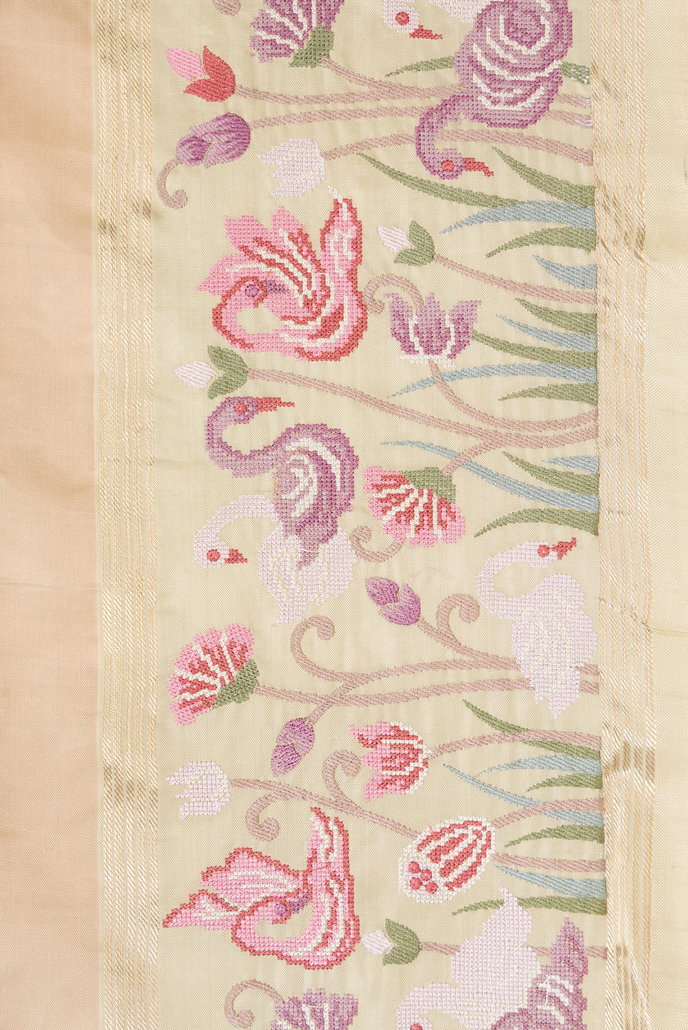 Border image of Pure Silk Pure Zari Green, Maroon & Burgundy Dual Tone Banarasi Saree with Stripes on the body and Embroidery Border. 