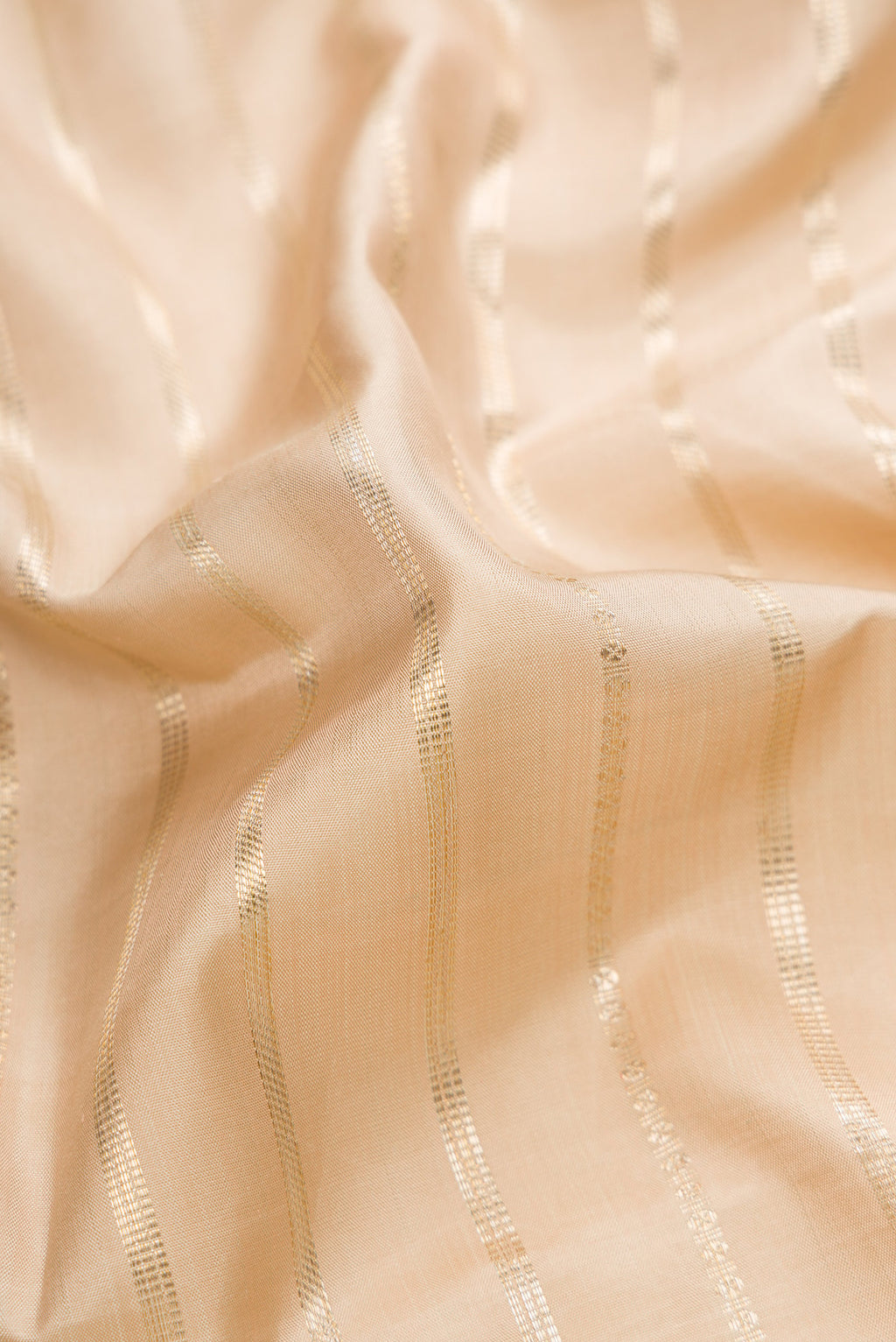 Close up of Pure Silk Pure Zari Green, Maroon & Burgundy Dual Tone Banarasi Saree with Stripes on the body and Embroidery Border.  displaying folds