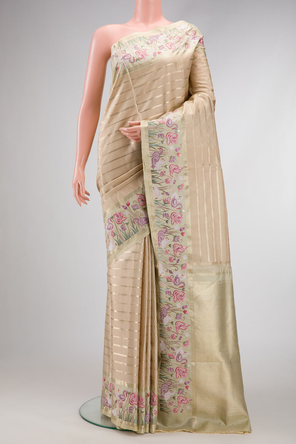 Pure Silk Pure Zari Green, Maroon & Burgundy Dual Tone Banarasi Saree with Stripes on the body and Embroidery Border.  displayed on a mannequin