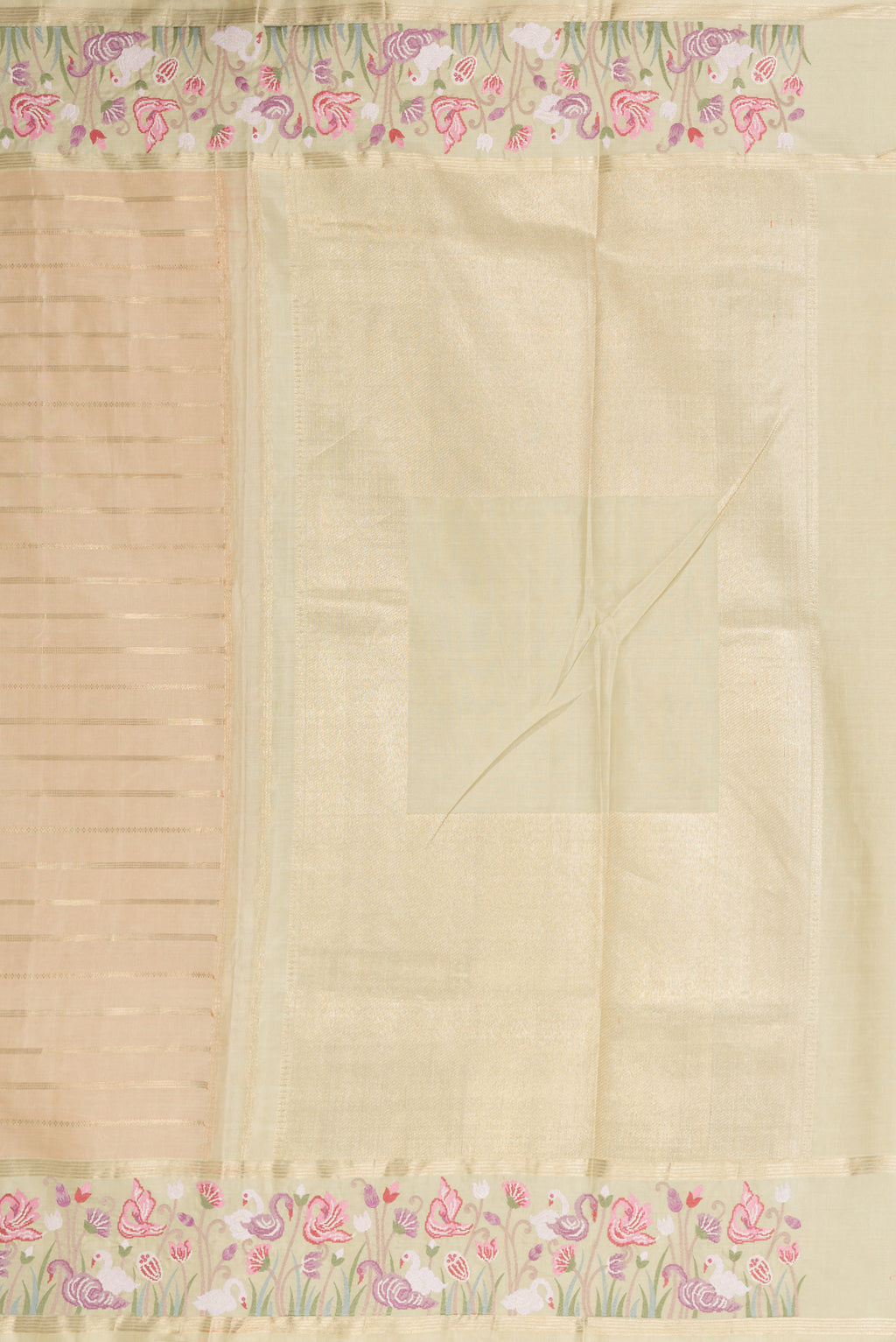 Close up image of the pallu of Pure Silk Pure Zari Green, Maroon & Burgundy Dual Tone Banarasi Saree with Stripes on the body and Embroidery Border. 