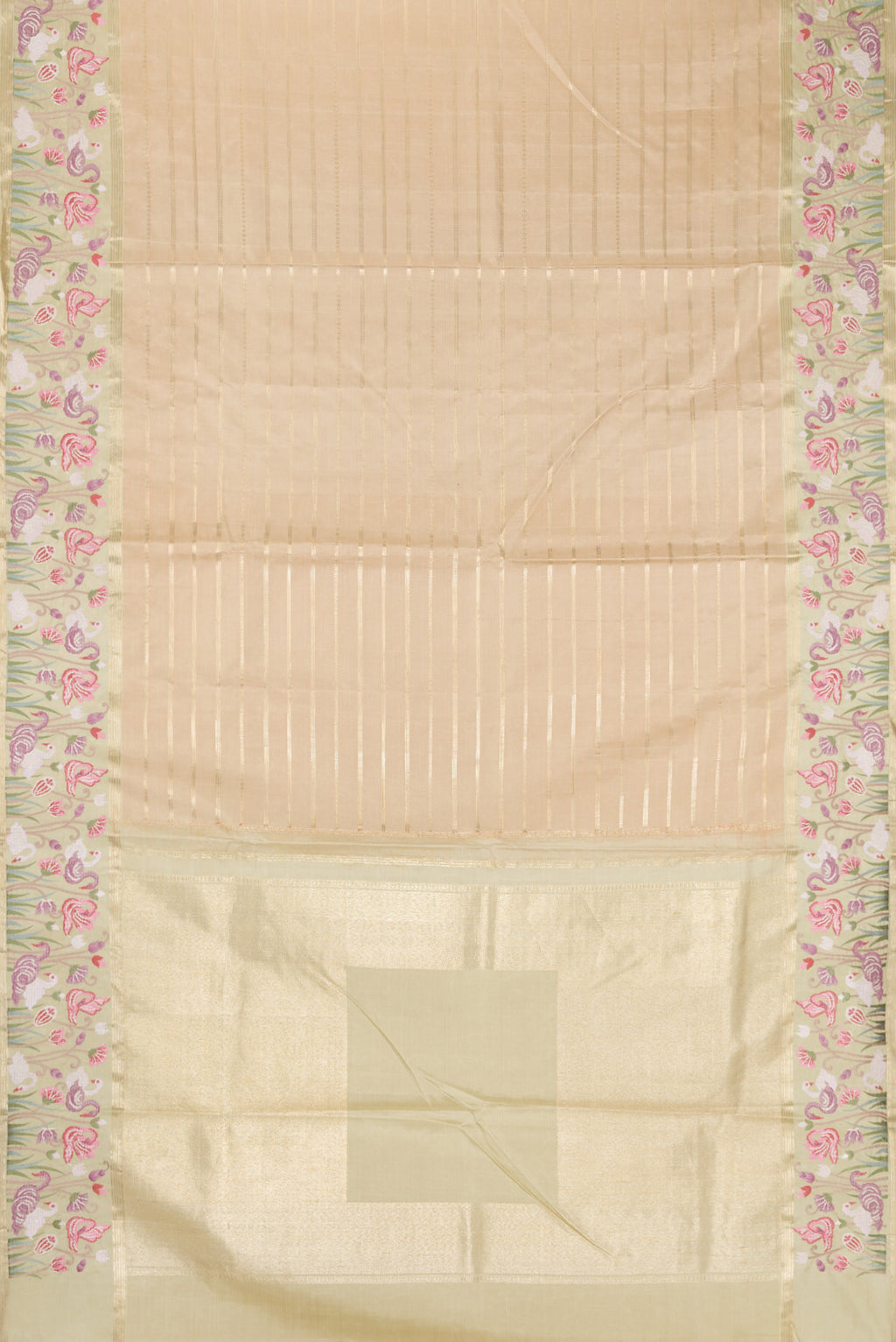 Flat view of Pure Silk Pure Zari Green, Maroon & Burgundy Dual Tone Banarasi Saree with Stripes on the body and Embroidery Border. 