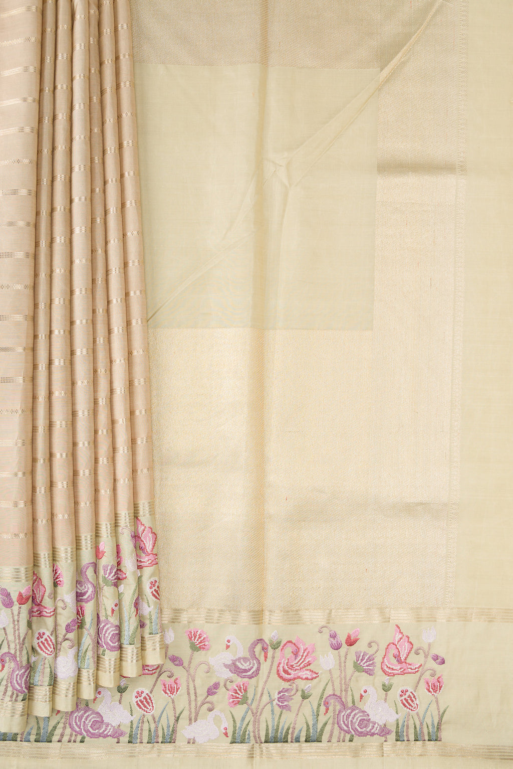 Pleats and pallu of Pure Silk Pure Zari Green, Maroon & Burgundy Dual Tone Banarasi Saree with Stripes on the body and Embroidery Border. 