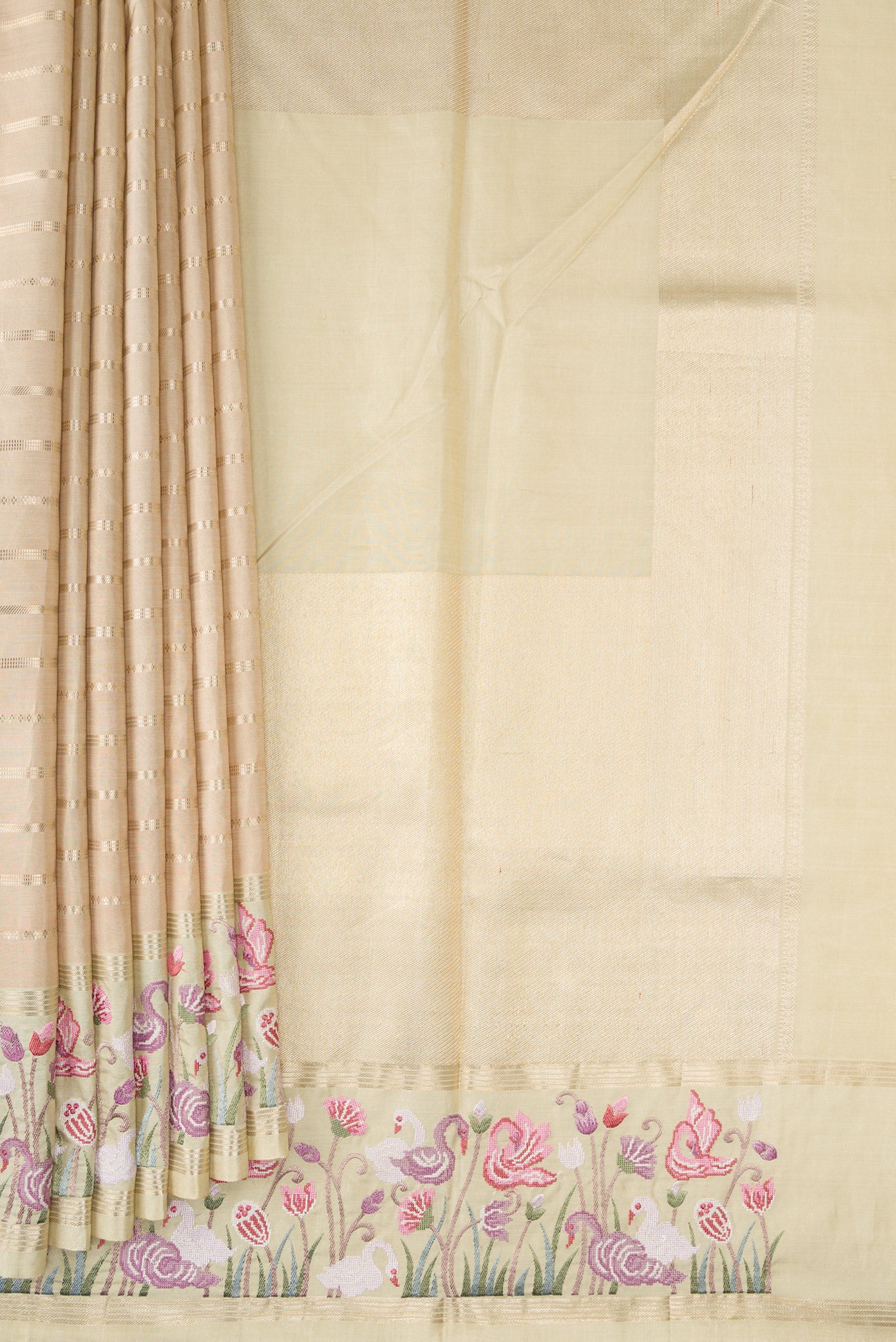 Pleats and pallu of Pure Silk Pure Zari Green, Maroon & Burgundy Dual Tone Banarasi Saree with Stripes on the body and Embroidery Border. 