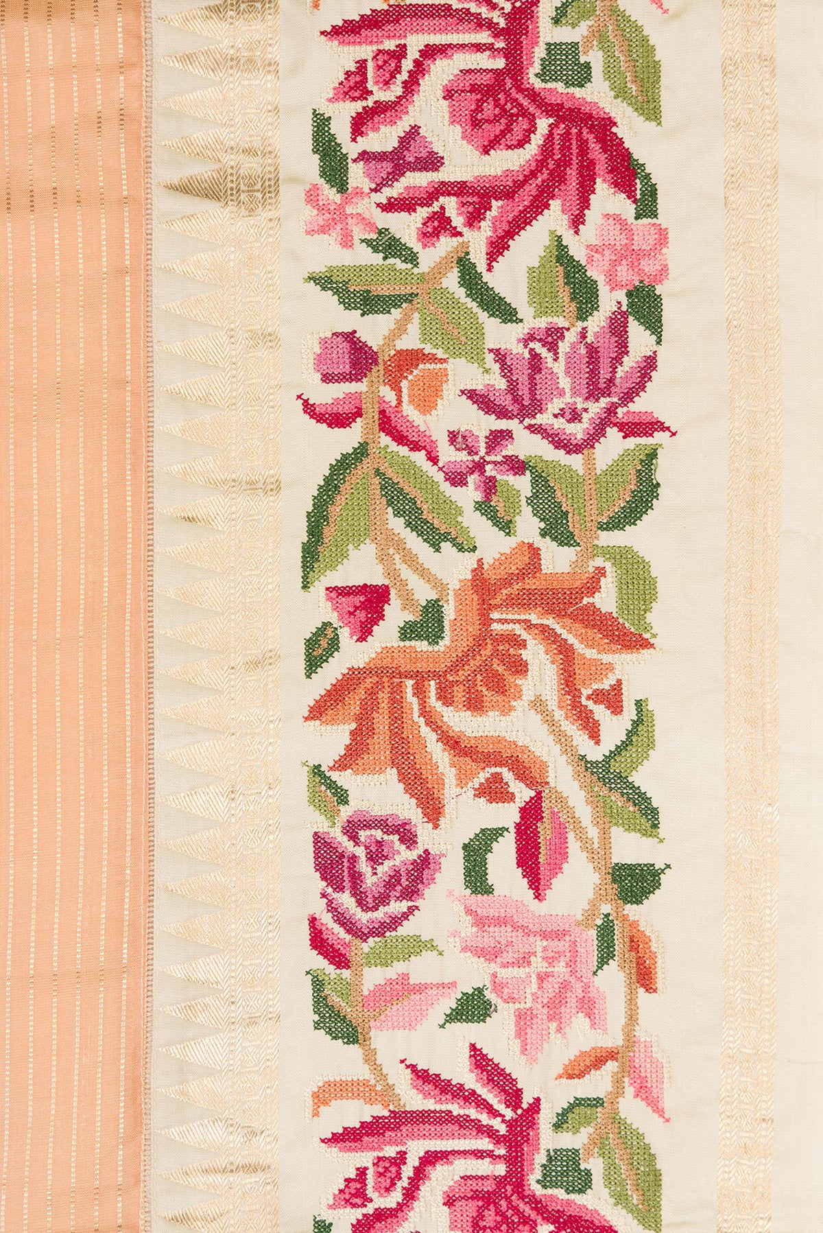Border image of Green, Maroon & Burgundy Dual Tone Banarasi Silk Saree with Stripes on the body and Embroidery Border. 