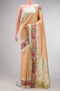 Green, Maroon & Burgundy Dual Tone Banarasi Silk Saree with Stripes on the body and Embroidery Border.  displayed on a mannequin
