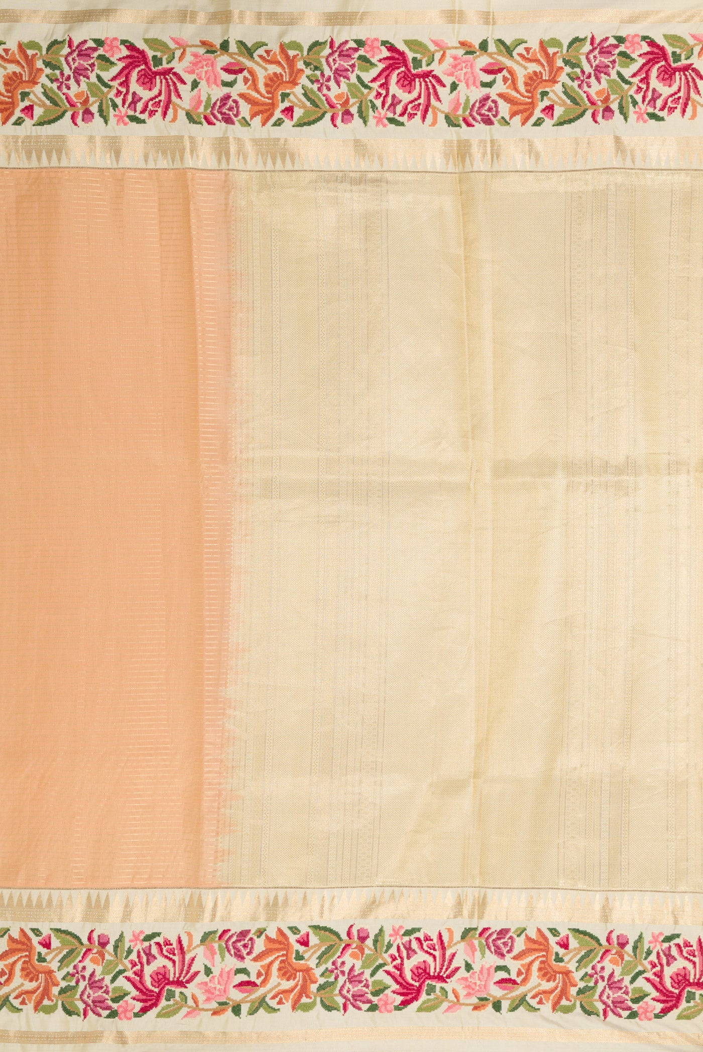 Close up image of the pallu of Green, Maroon & Burgundy Dual Tone Banarasi Silk Saree with Stripes on the body and Embroidery Border. 
