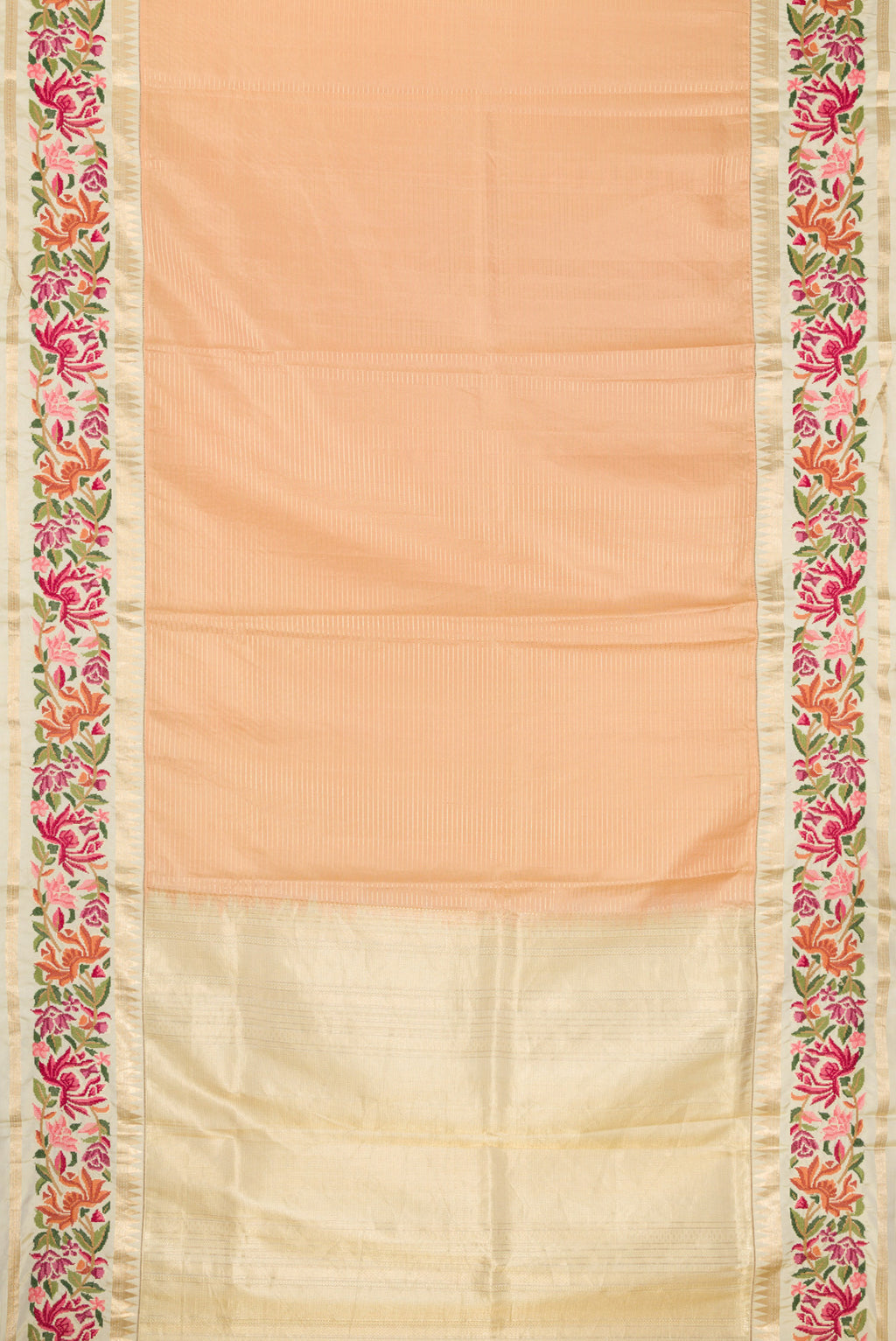 Flat view of Green, Maroon & Burgundy Dual Tone Banarasi Silk Saree with Stripes on the body and Embroidery Border. 