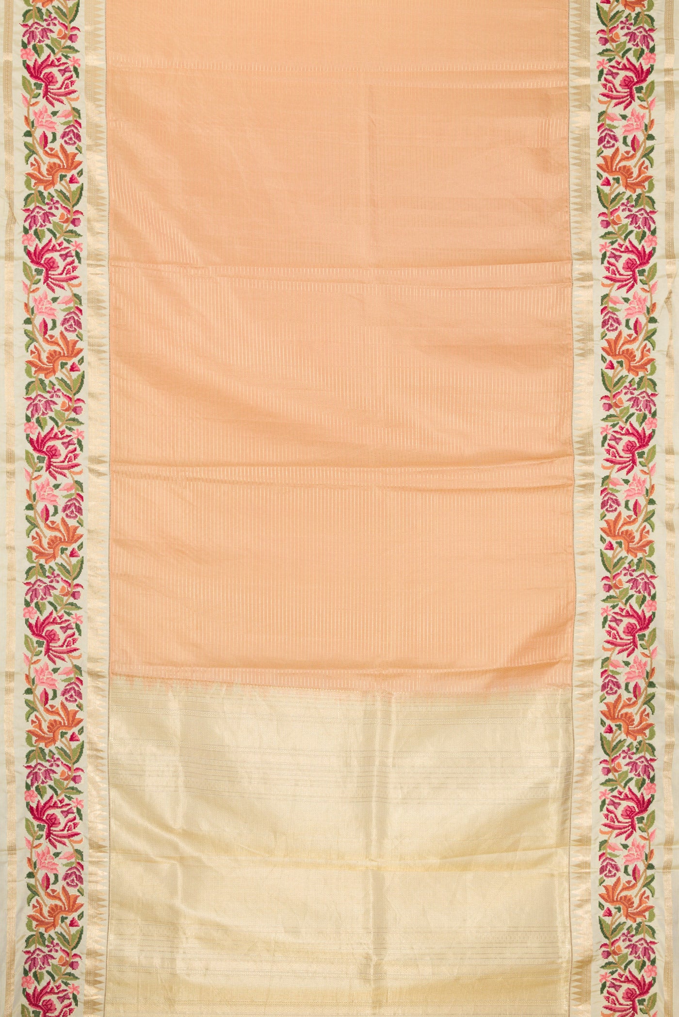Flat view of Green, Maroon & Burgundy Dual Tone Banarasi Silk Saree with Stripes on the body and Embroidery Border. 