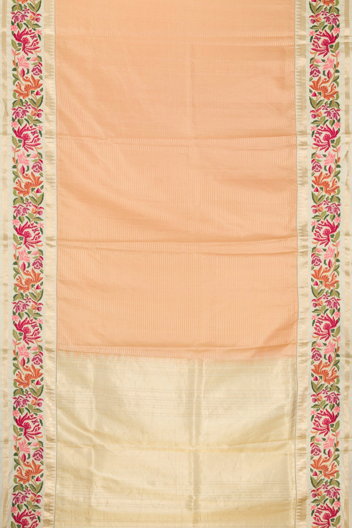 Flat view of Green, Maroon & Burgundy Dual Tone Banarasi Silk Saree with Stripes on the body and Embroidery Border. 