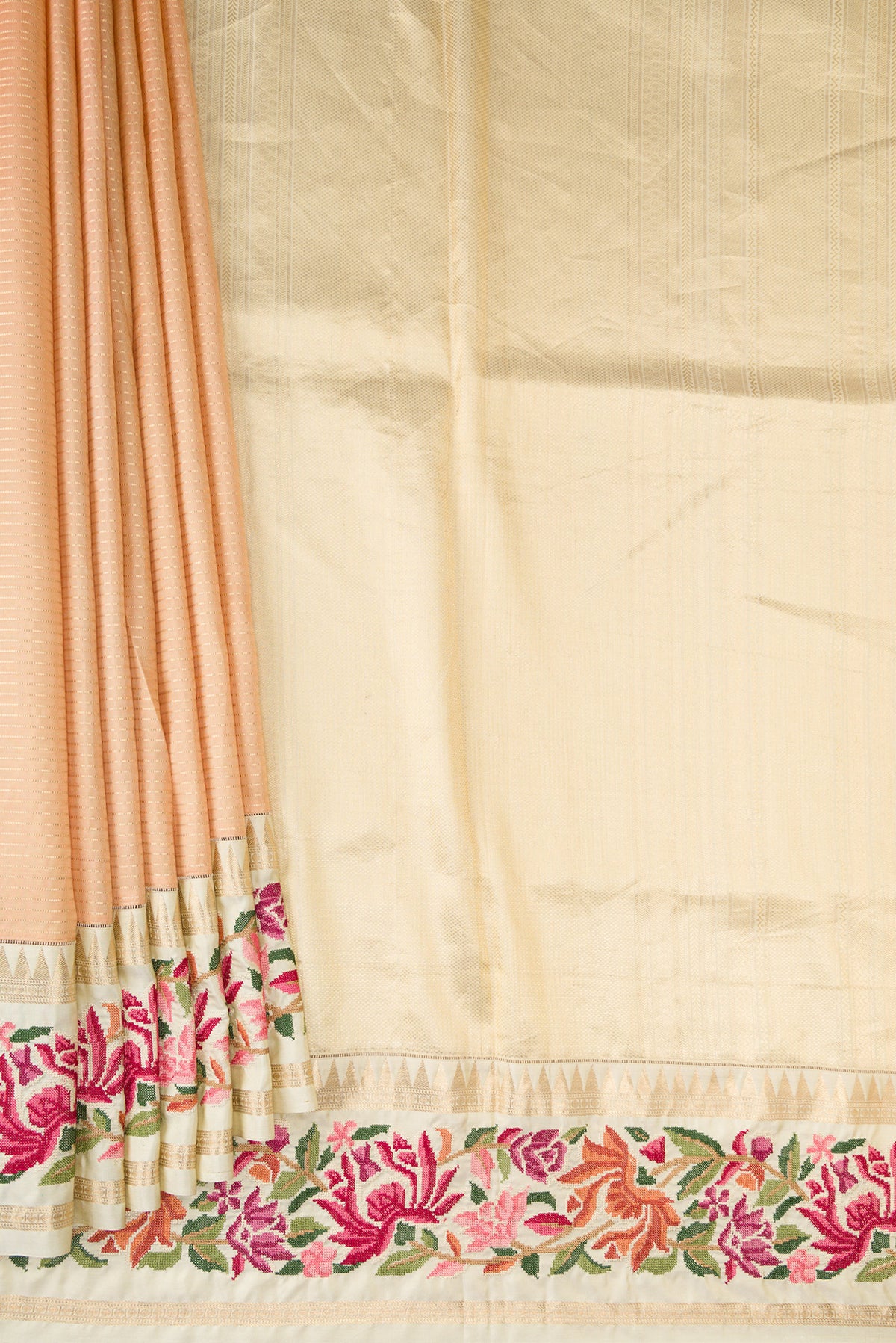 Pleats and pallu of Green, Maroon & Burgundy Dual Tone Banarasi Silk Saree with Stripes on the body and Embroidery Border. 