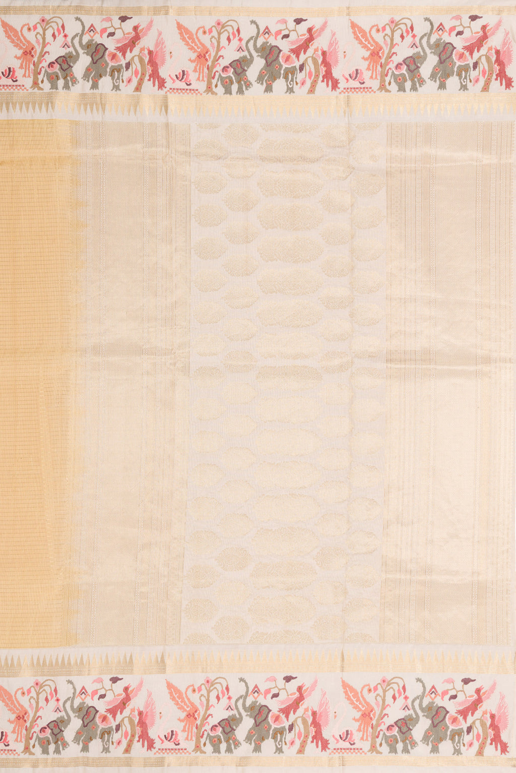 Close up image of the pallu of Sandal Dual Tone Banarasi Silk Saree with Stripes on the body and Embroidery Border. 