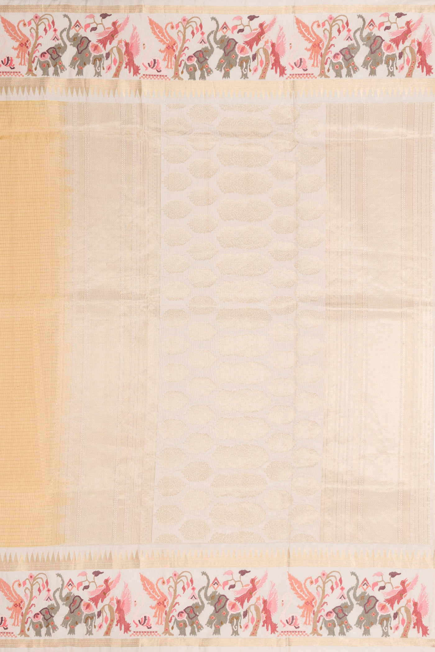 Close up image of the pallu of Sandal Dual Tone Banarasi Silk Saree with Stripes on the body and Embroidery Border. 