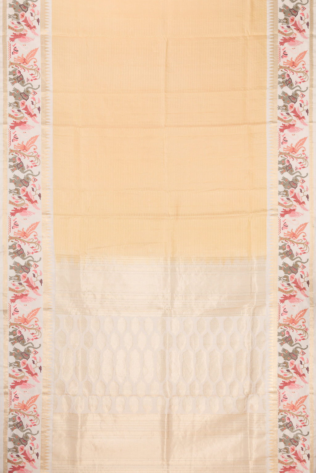 Flat view of Sandal Dual Tone Banarasi Silk Saree with Stripes on the body and Embroidery Border. 