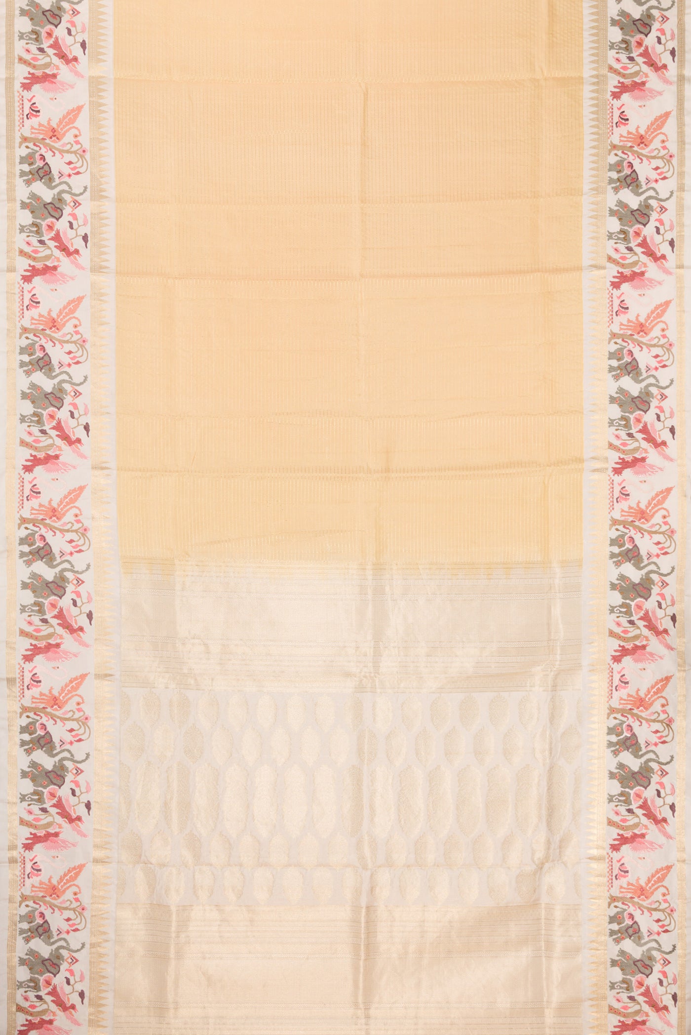 Flat view of Sandal Dual Tone Banarasi Silk Saree with Stripes on the body and Embroidery Border. 