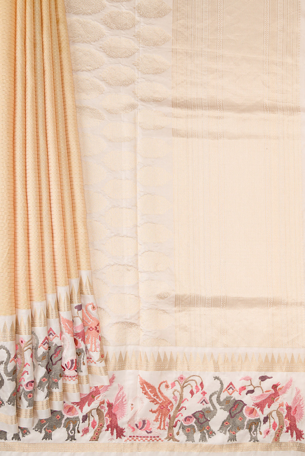 Pleats and pallu of Sandal Dual Tone Banarasi Silk Saree with Stripes on the body and Embroidery Border. 