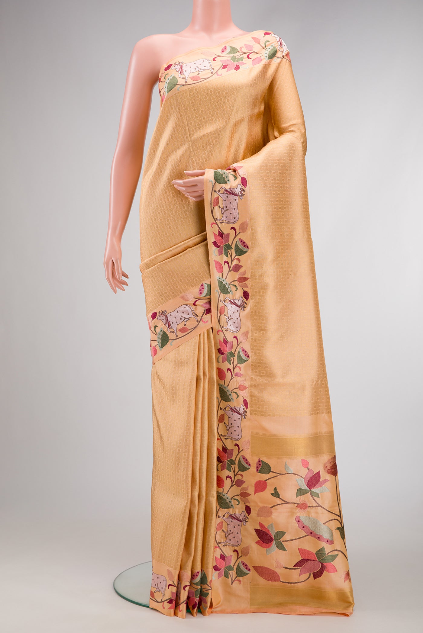 Green, Maroon & Burgundy Dual Tone Banarasi Silk Saree with Zari Brocade on the body and Embroidery Border.  displayed on a mannequin