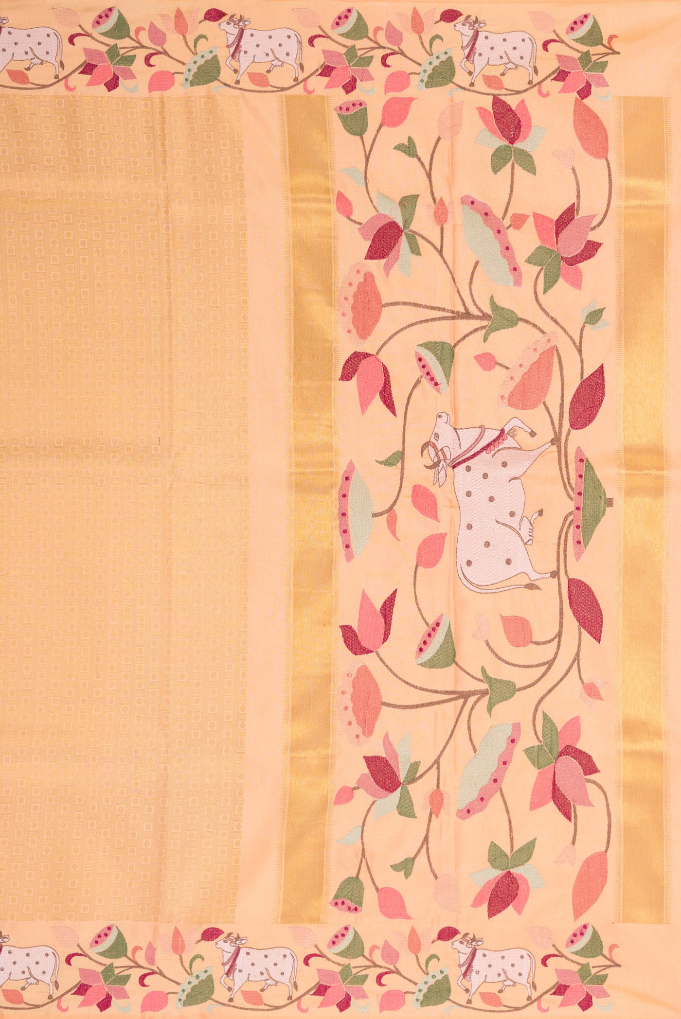 Close up image of the pallu of Green, Maroon & Burgundy Dual Tone Banarasi Silk Saree with Zari Brocade on the body and Embroidery Border. 