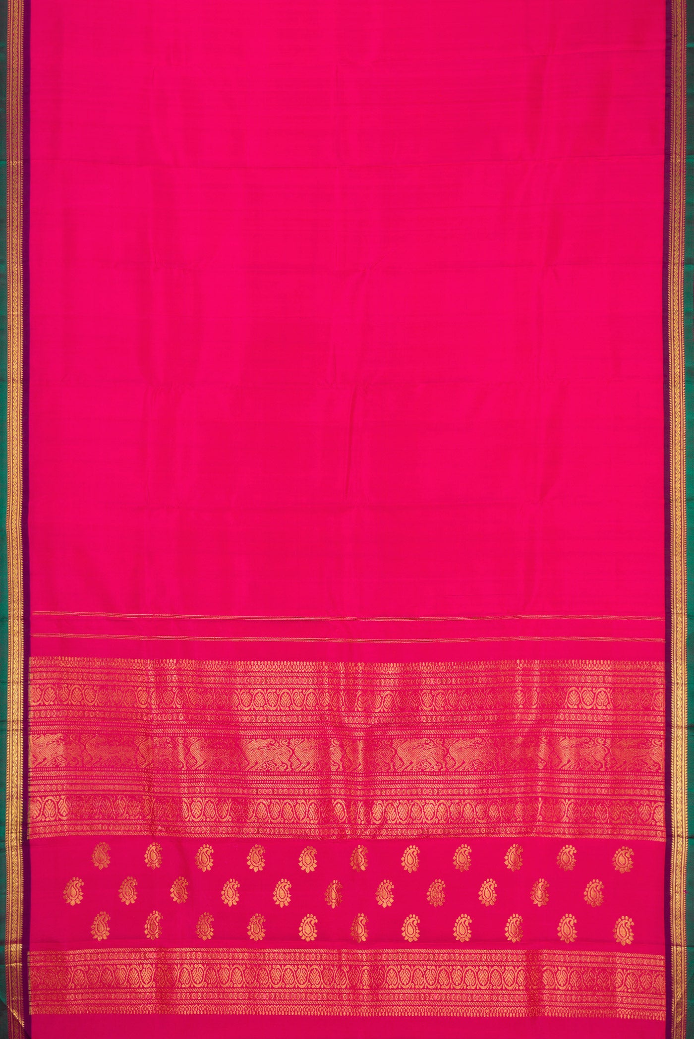 Flat view of Pink Kanjivaram Silk Saree with Plain Body and Zari Border. 