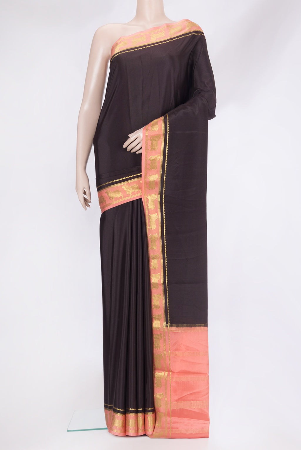 Coffee Brown Mysore Silk Saree with Plain Body and Fancy Border.  displayed on a mannequin
