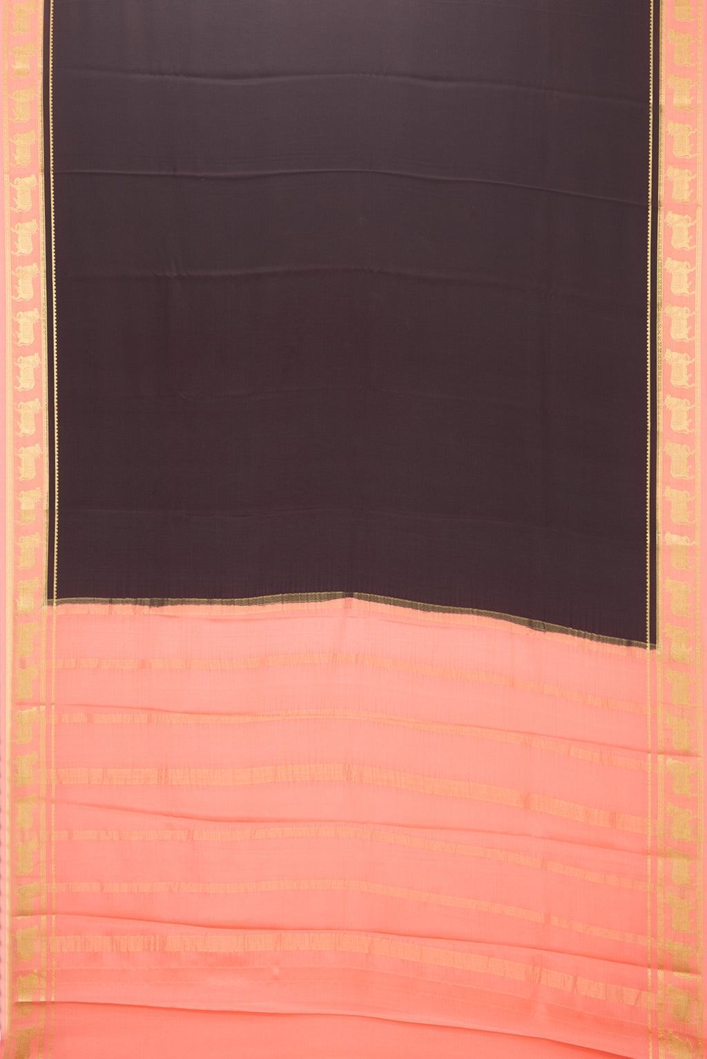 Flat view of Coffee Brown Mysore Silk Saree with Plain Body and Fancy Border. 