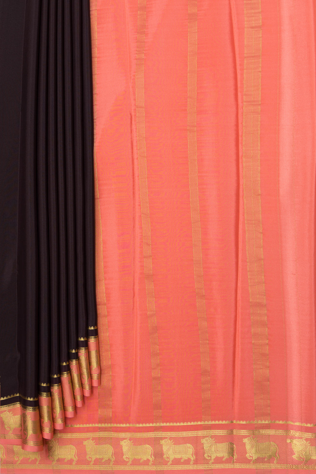 Pleats and pallu of Coffee Brown Mysore Silk Saree with Plain Body and Fancy Border. 