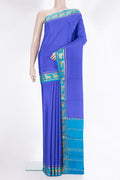 Royal Blue Mysore Crepe Saree with Plain Body and Zari Border.  displayed on a mannequin
