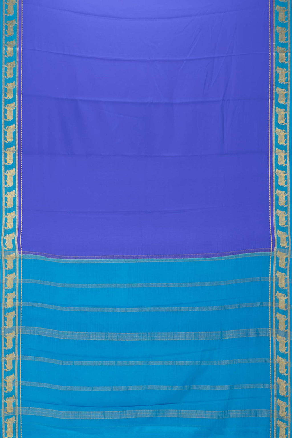 Flat view of Royal Blue Mysore Crepe Saree with Plain Body and Zari Border. 