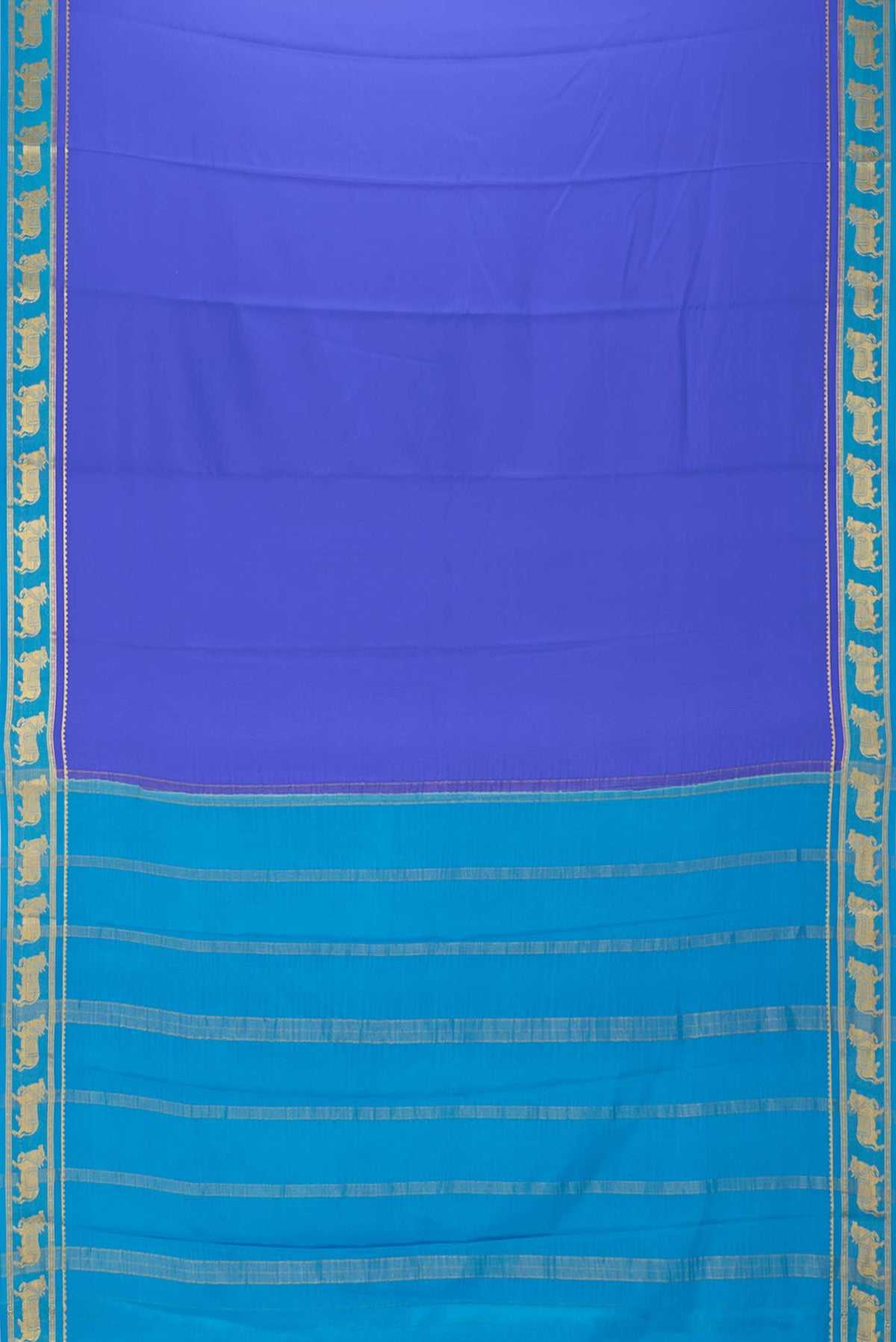 Flat view of Royal Blue Mysore Crepe Saree with Plain Body and Zari Border. 