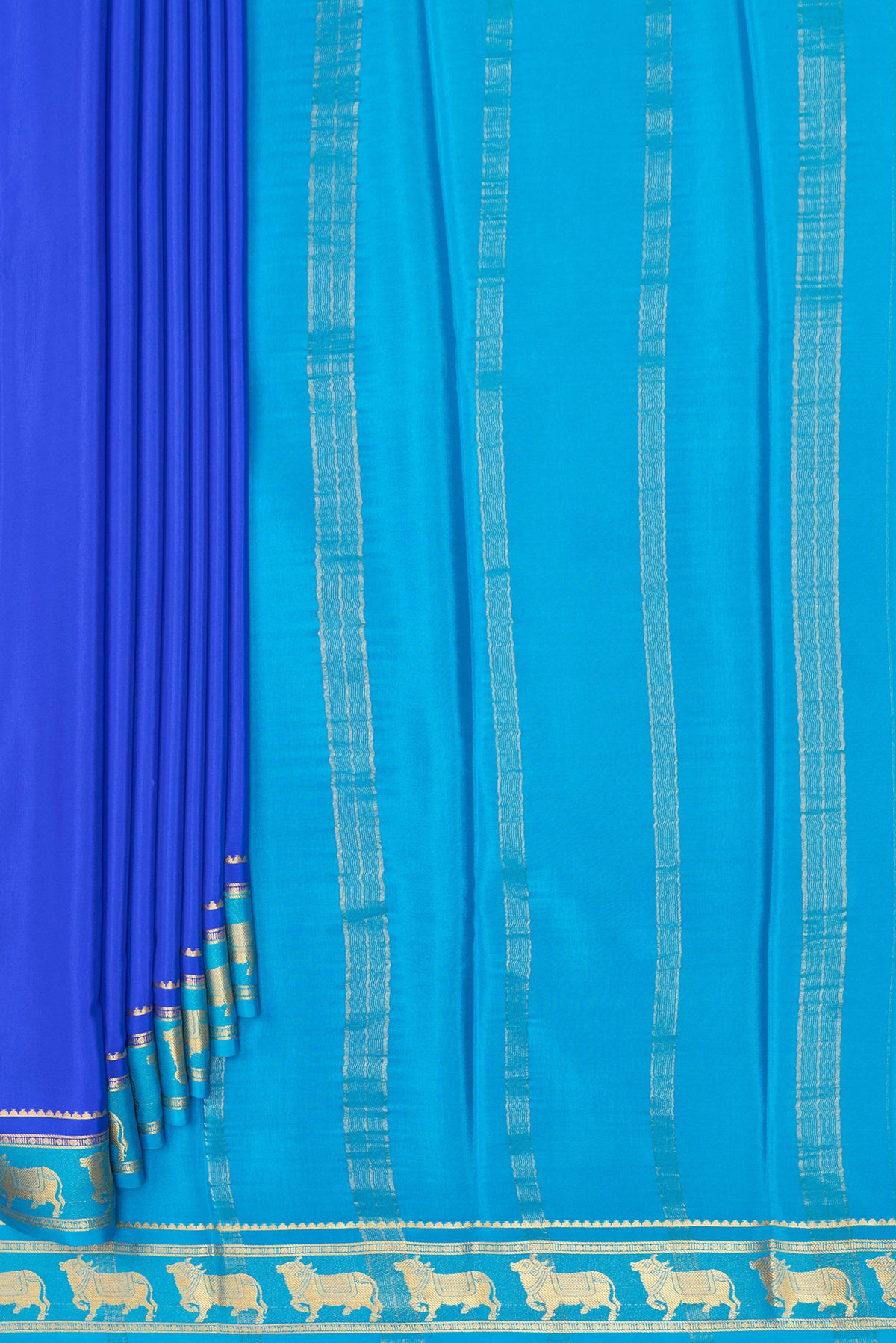 Pleats and pallu of Royal Blue Mysore Crepe Saree with Plain Body and Zari Border. 