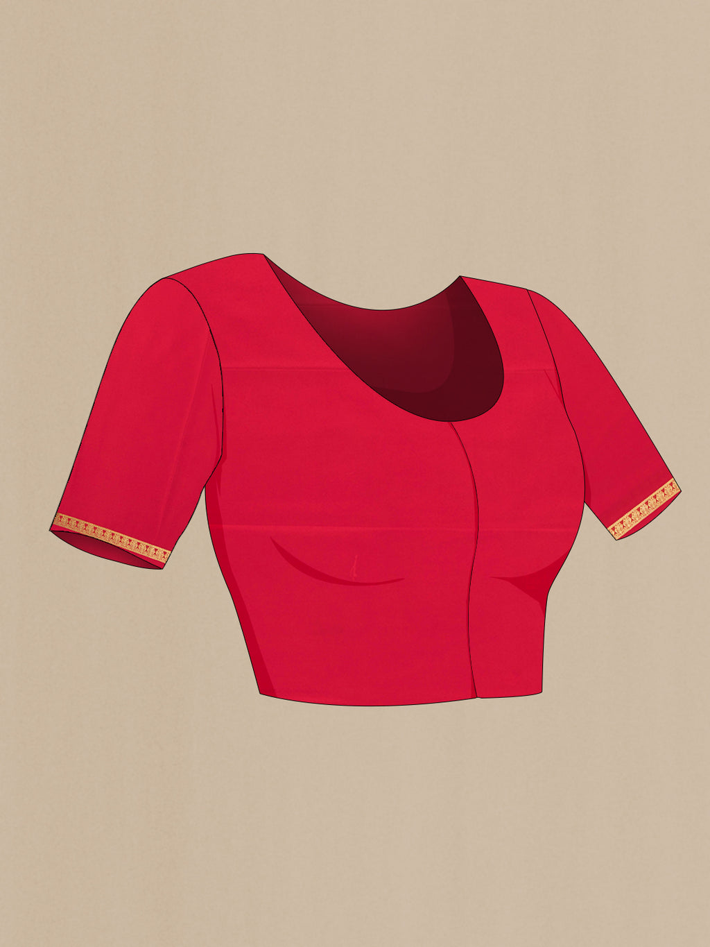 Close up image of the blouse of Red Mysore Silk Saree with Plain Body and Zari Border. 