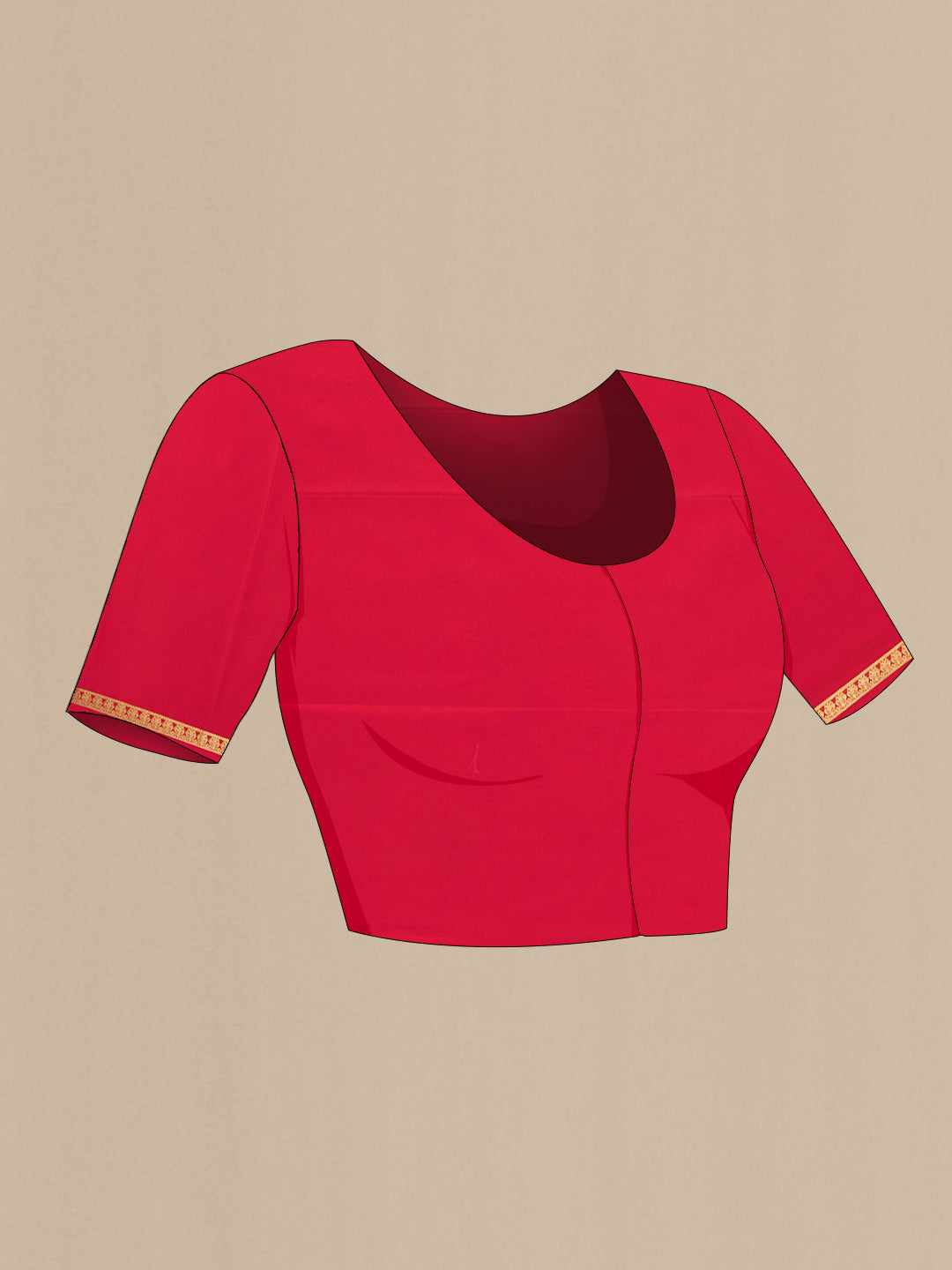 Close up image of the blouse of Red Mysore Silk Saree with Plain Body and Zari Border. 
