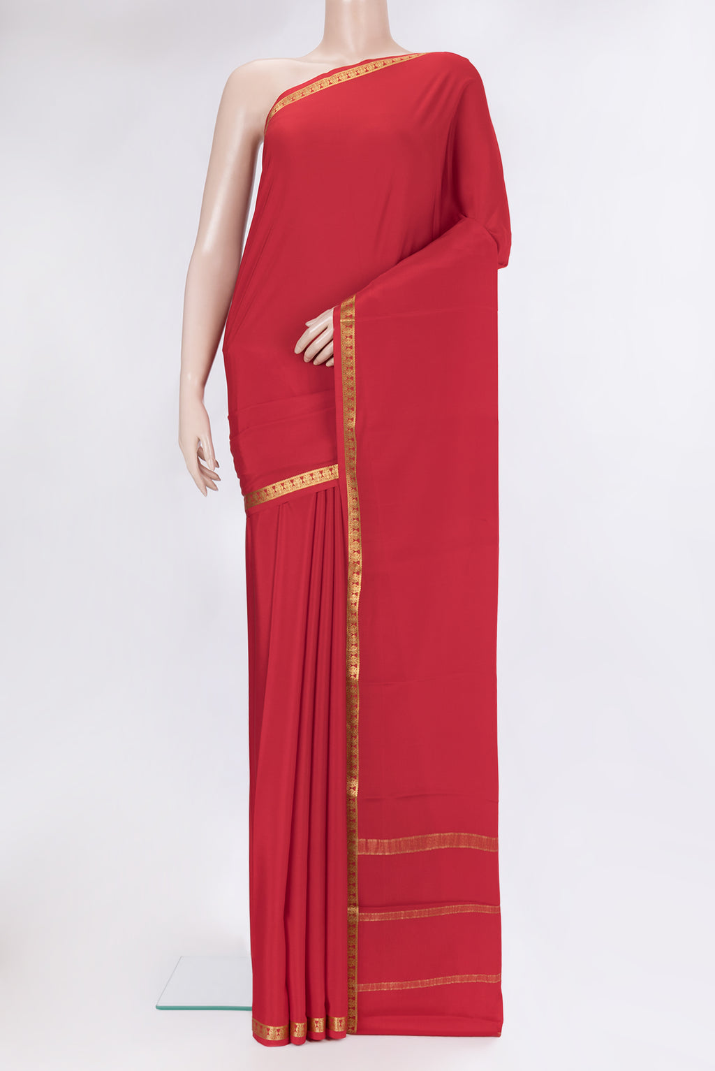 Red Mysore Silk Saree with Plain Body and Zari Border.  displayed on a mannequin
