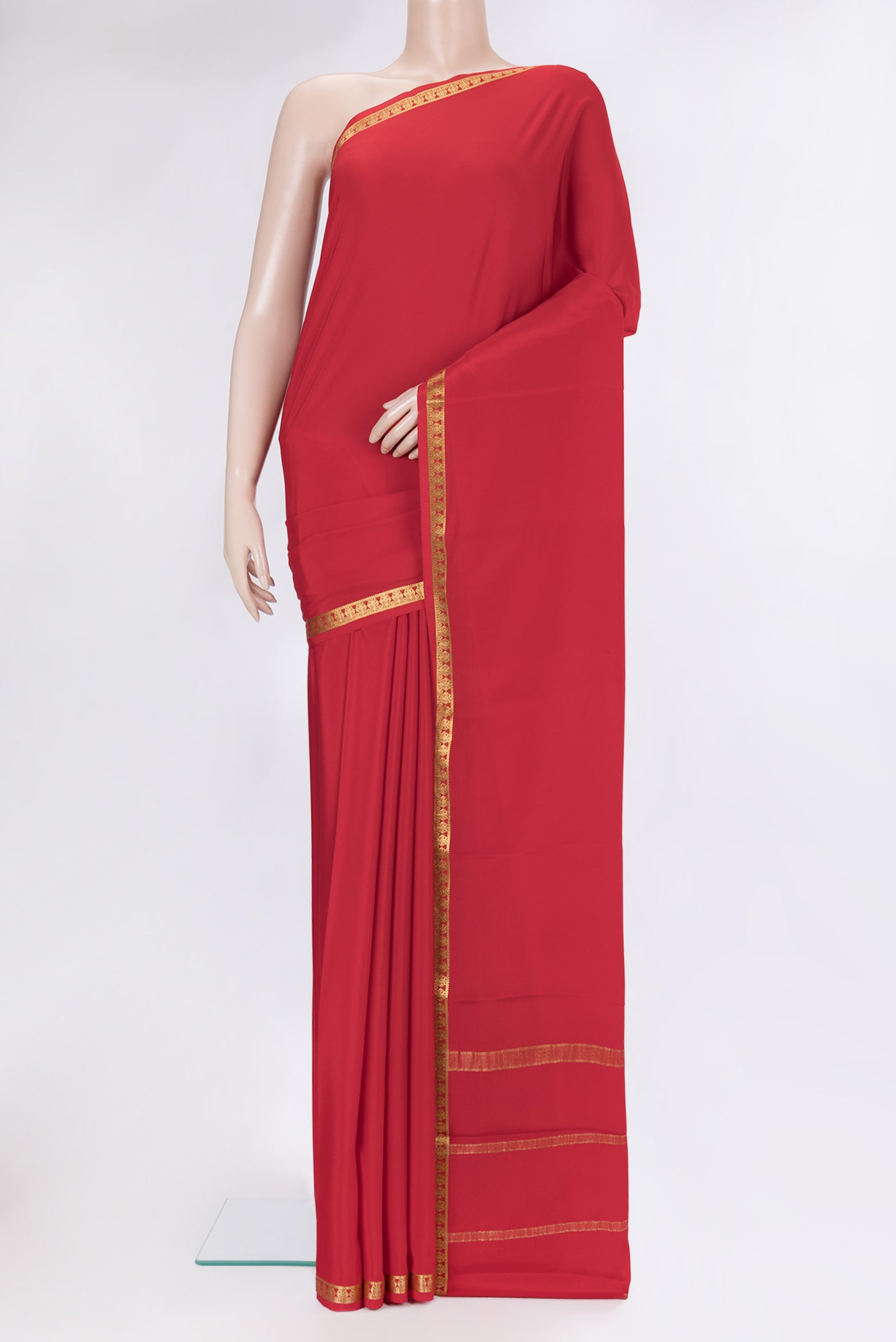 Red Mysore Silk Saree with Plain Body and Zari Border.  displayed on a mannequin