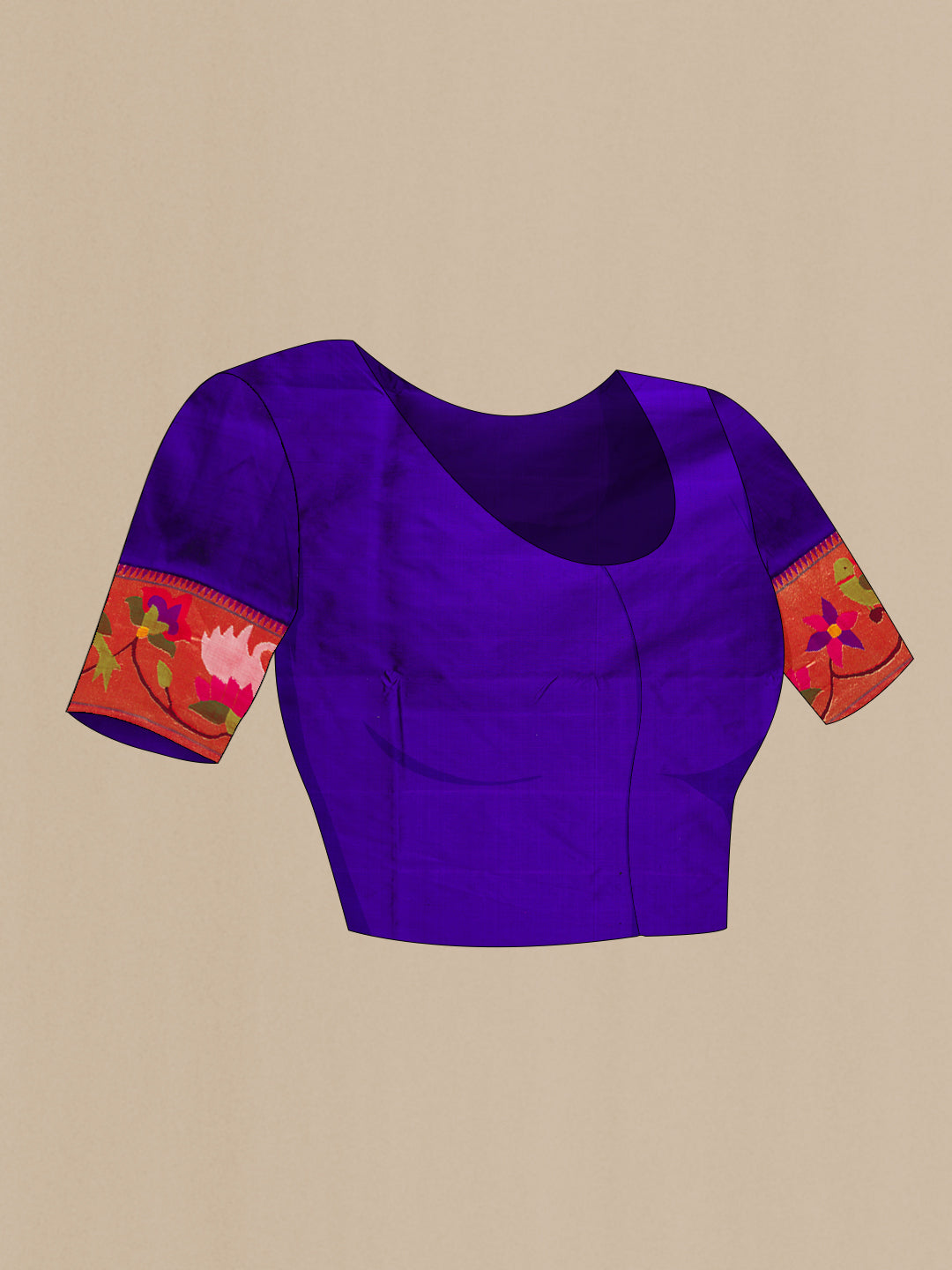Close up image of the blouse of Royal Blue Paithani Silk Saree with Zari Butta on the body and Paithani Border. 