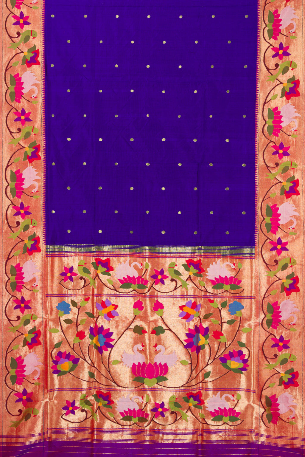 Flat view of Royal Blue Paithani Silk Saree with Zari Butta on the body and Paithani Border. 