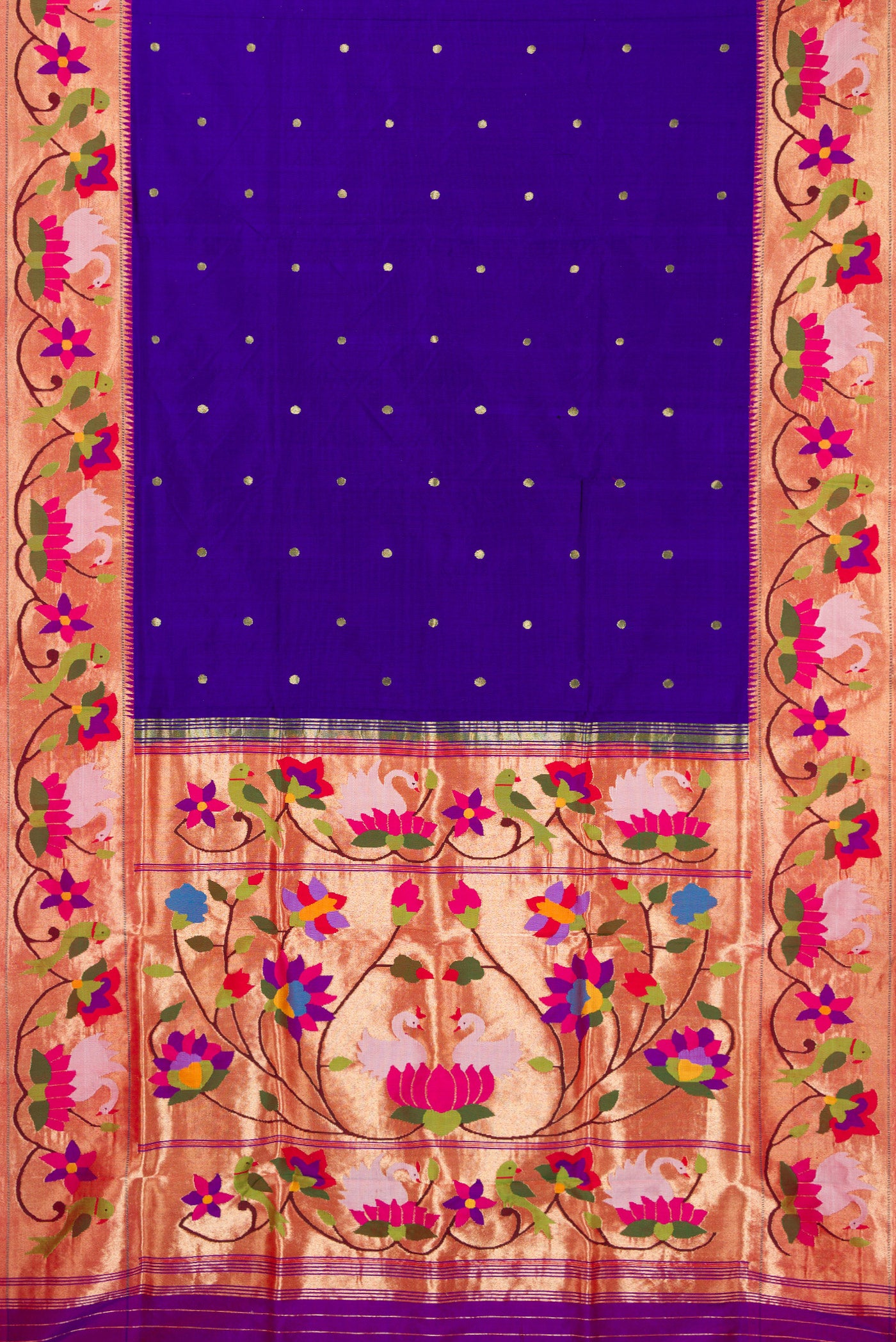 Flat view of Royal Blue Paithani Silk Saree with Zari Butta on the body and Paithani Border. 
