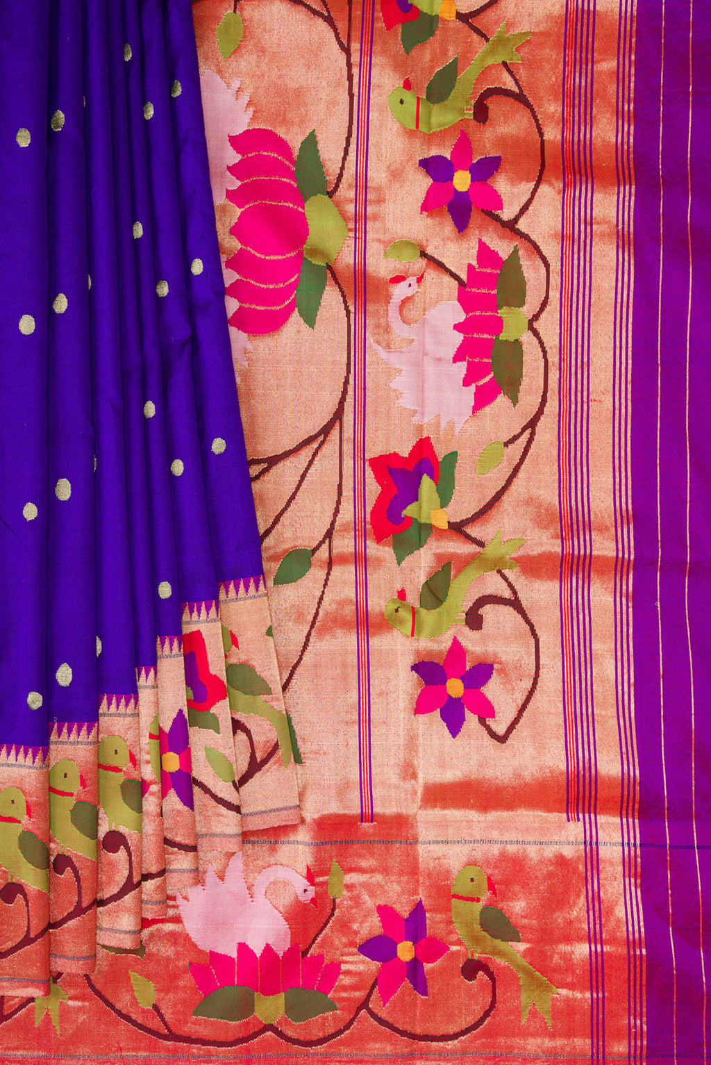 Pleats and pallu of Royal Blue Paithani Silk Saree with Zari Butta on the body and Paithani Border. 