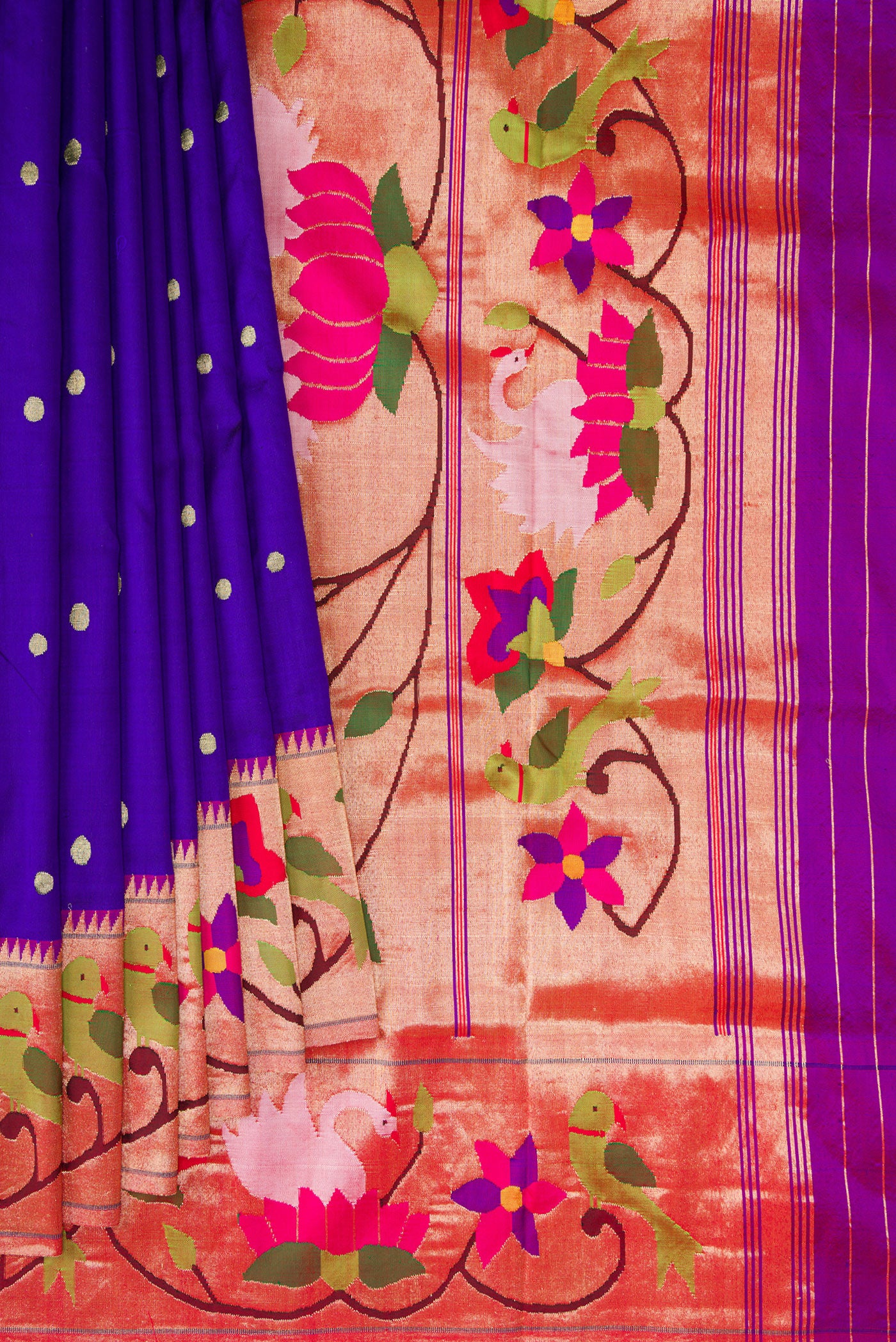 Pleats and pallu of Royal Blue Paithani Silk Saree with Zari Butta on the body and Paithani Border. 