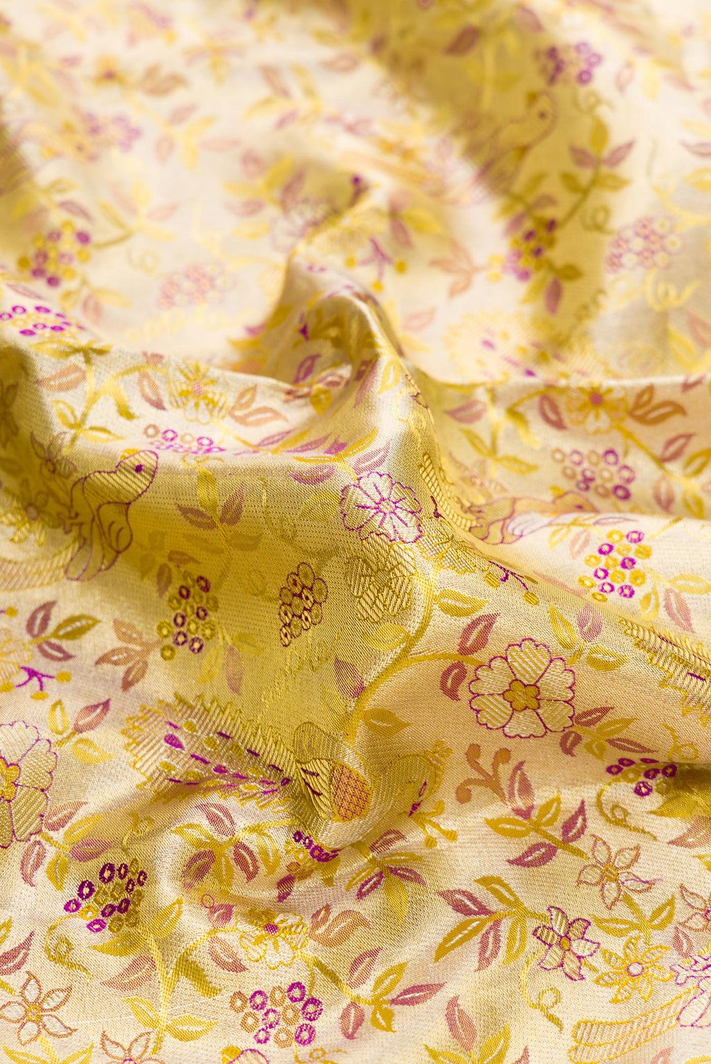 Close up of Gold Dual Tone Kanchipuram Tissue Silk Saree with Zari Brocade on the body and Zari Border.  displaying folds