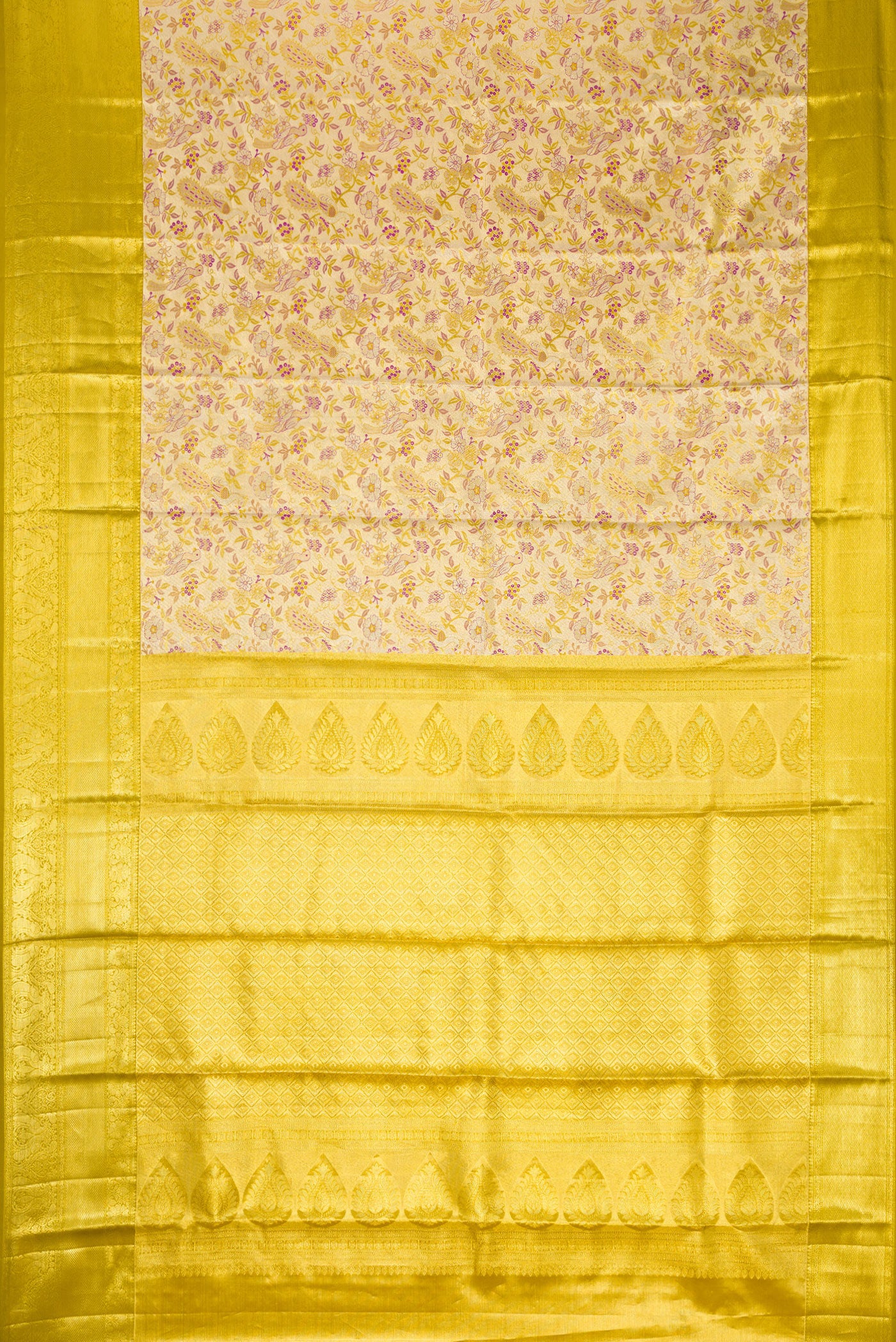 Flat view of Gold Dual Tone Kanchipuram Tissue Silk Saree with Zari Brocade on the body and Zari Border. 