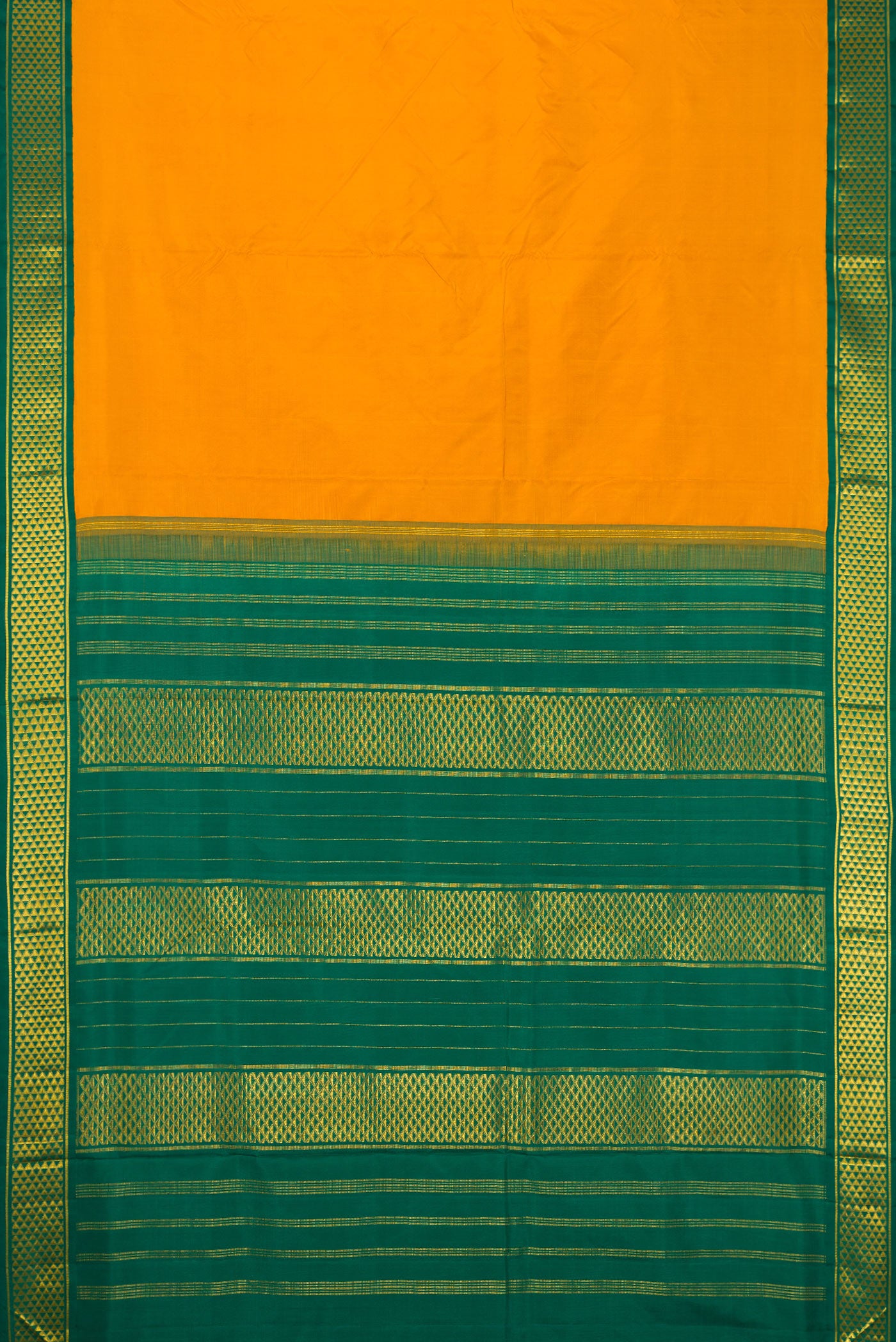 Flat view of Pure Silk Pure Zari Mustard Dual Tone Kanchipuram Nine Yards Saree with Plain Body and Zari Border. 