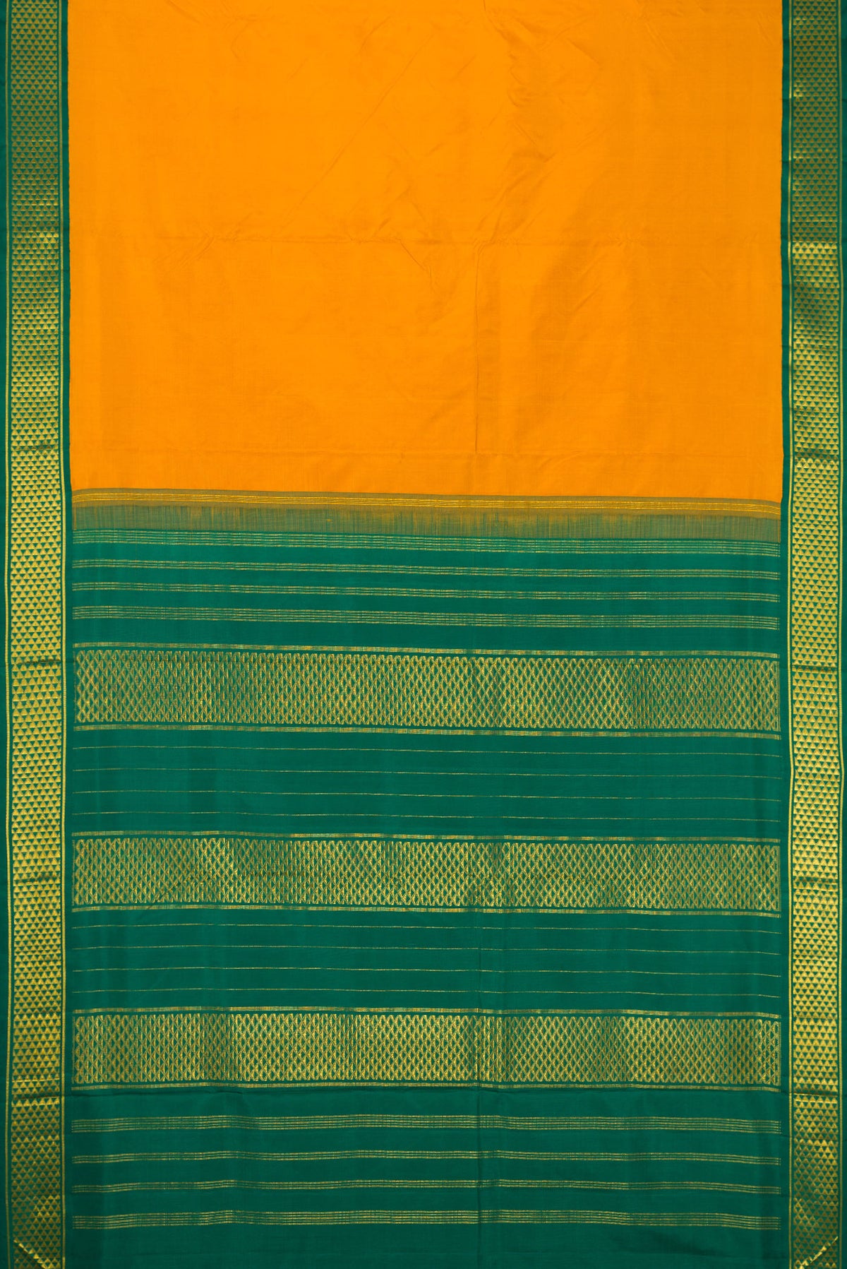 Flat view of Pure Silk Pure Zari Mustard Dual Tone Kanchipuram Nine Yards Saree with Plain Body and Zari Border. 