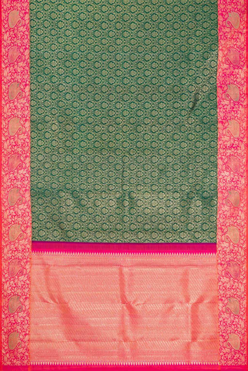 Flat view of Bottle Green Dual Tone Kanchipuram Silk Saree with Zari Brocade on the body and Fancy Border. 
